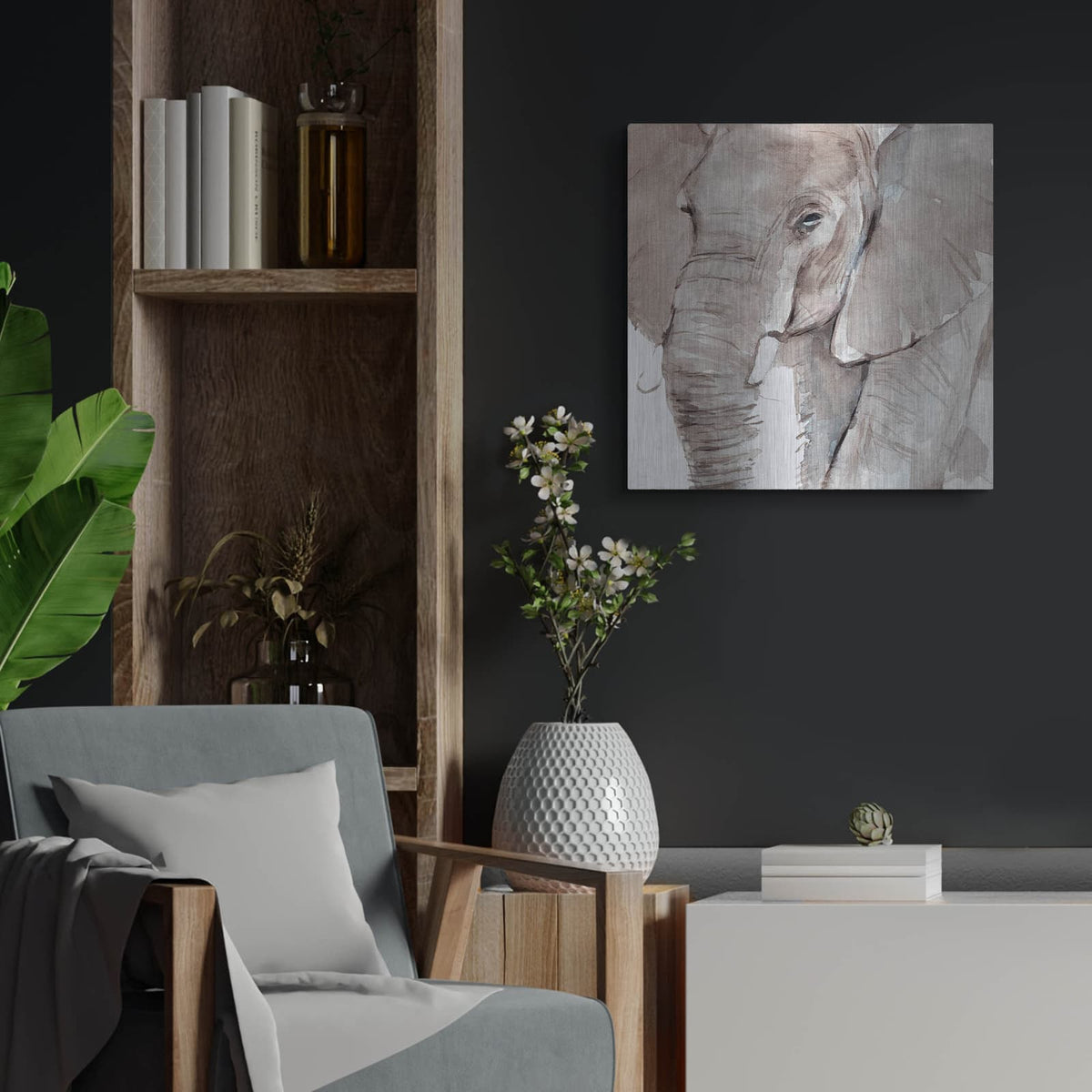 'Elephant Grooves 1' by Annie Warren – Metal Wall Art, 24x24 room view