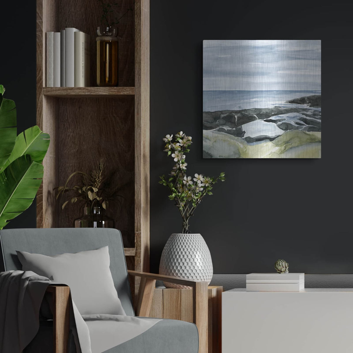 'Laura Gibson _coastal Blue 1' by Annie Warren – Metal Wall Art, 24x24 room view