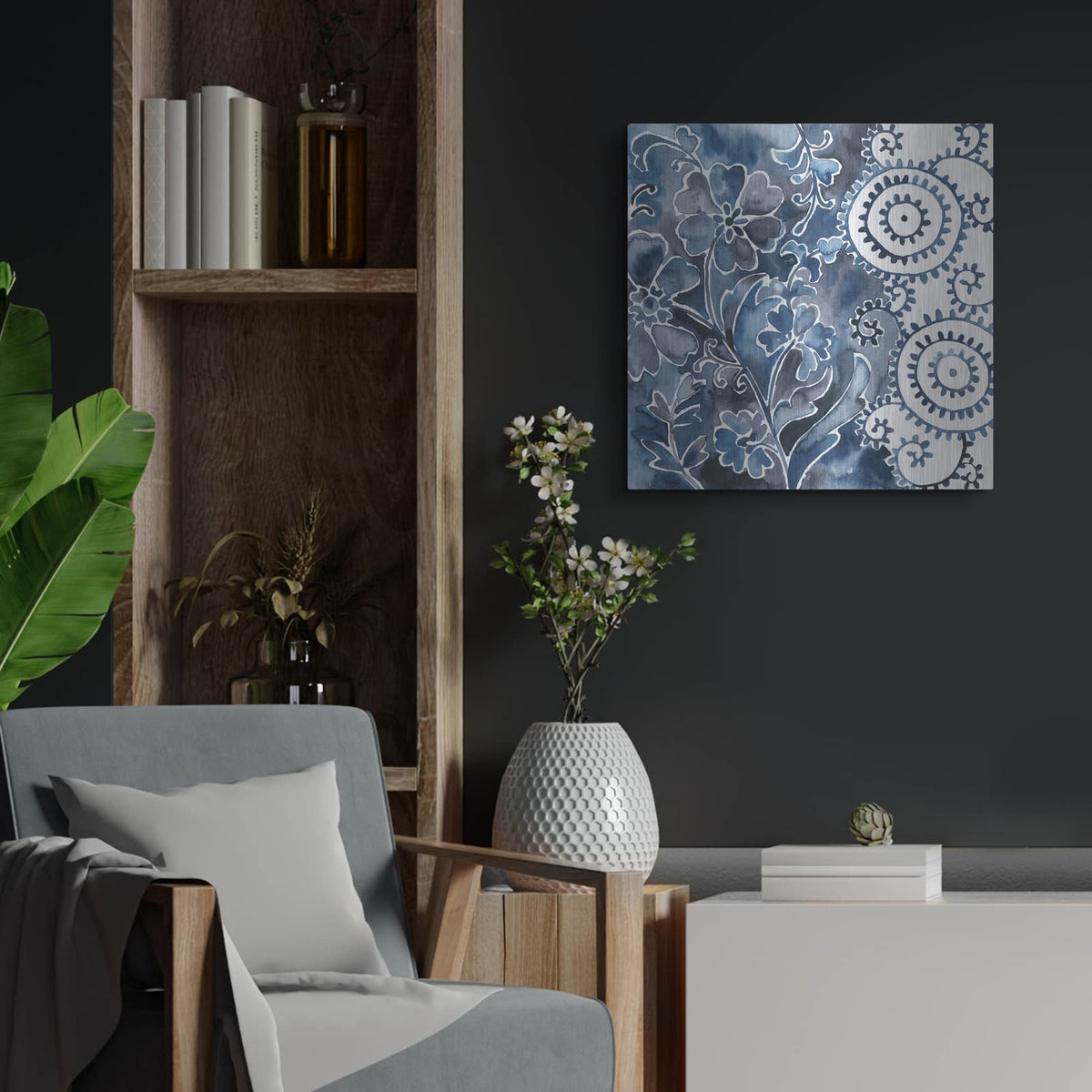 'Cobalt Garden 2' by Chariklia Zarris – Metal Wall Art, 24x24 room view