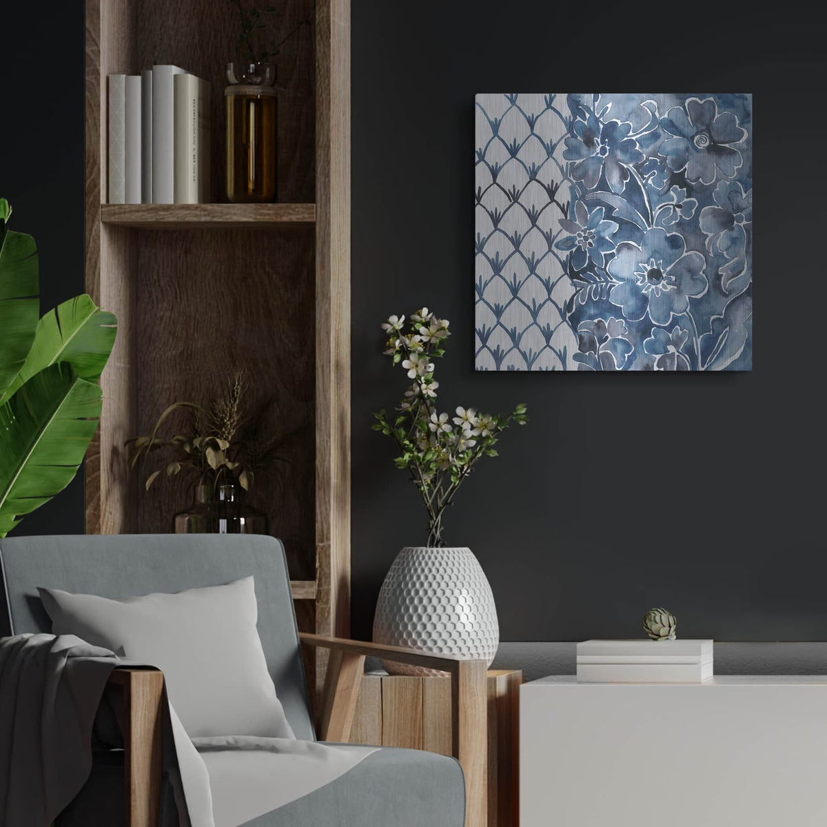 'Cobalt Garden 3' by Chariklia Zarris – Metal Wall Art, 24x24 room view