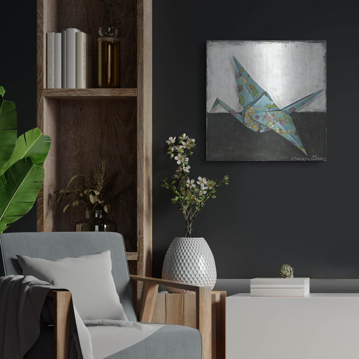 'Crane' by Chariklia Zarris – Metal Wall Art, 24x24 room view