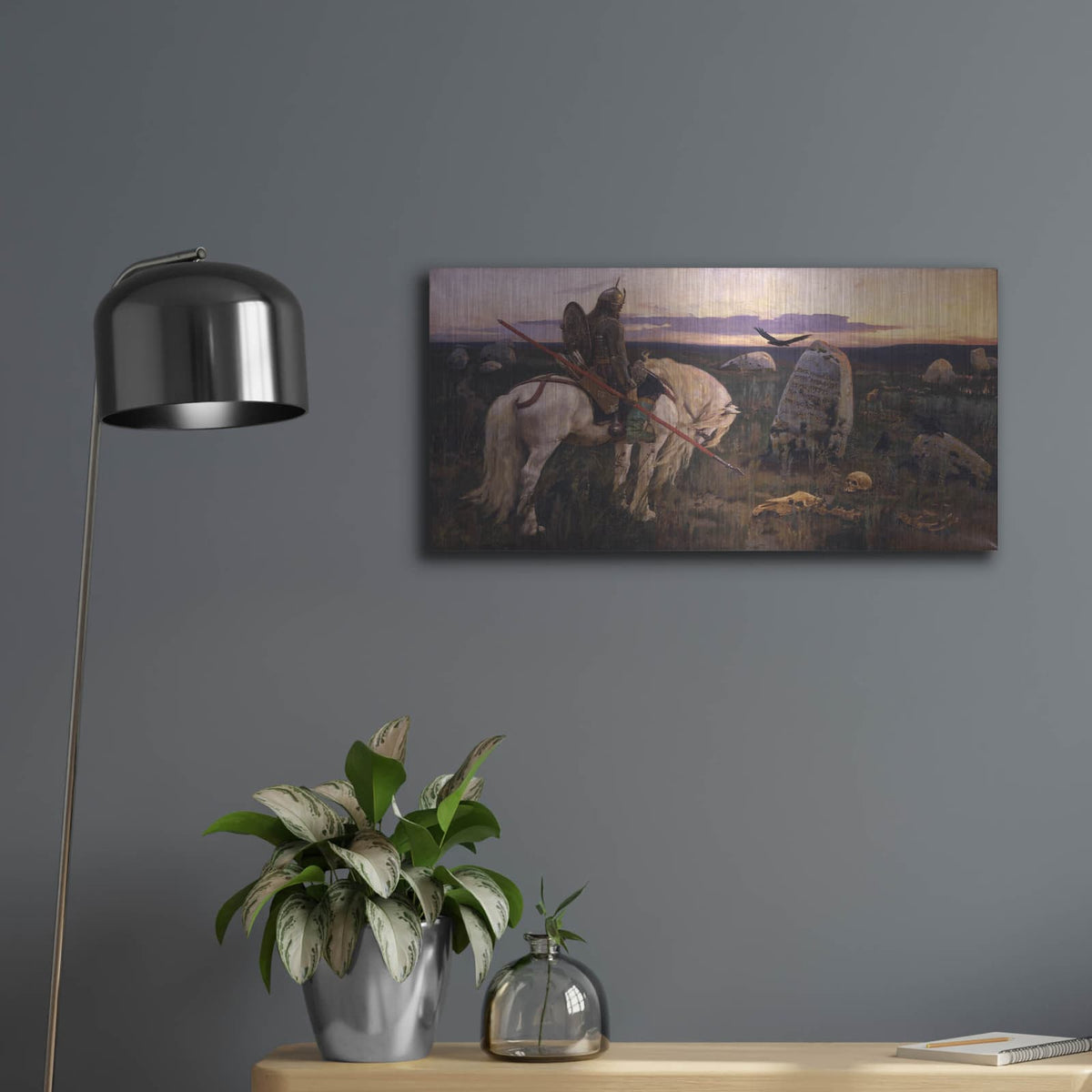 'The Knight At The Crossroads' by Viktor Vasnetsov – Metal Wall Art, 24x12 room view
