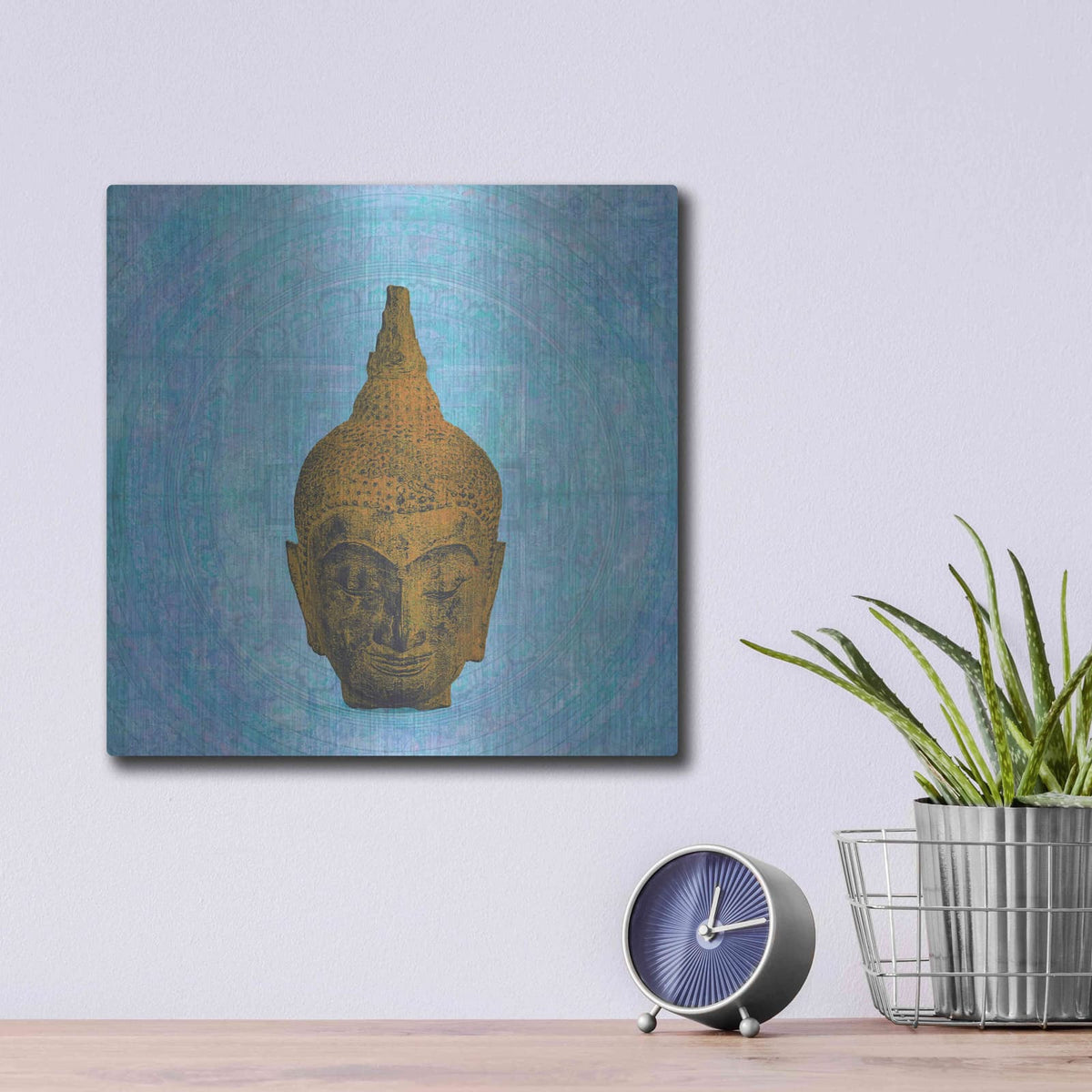 'Buddha on Blue' by Elena Ray – Metal Wall Art, 12x12 room view