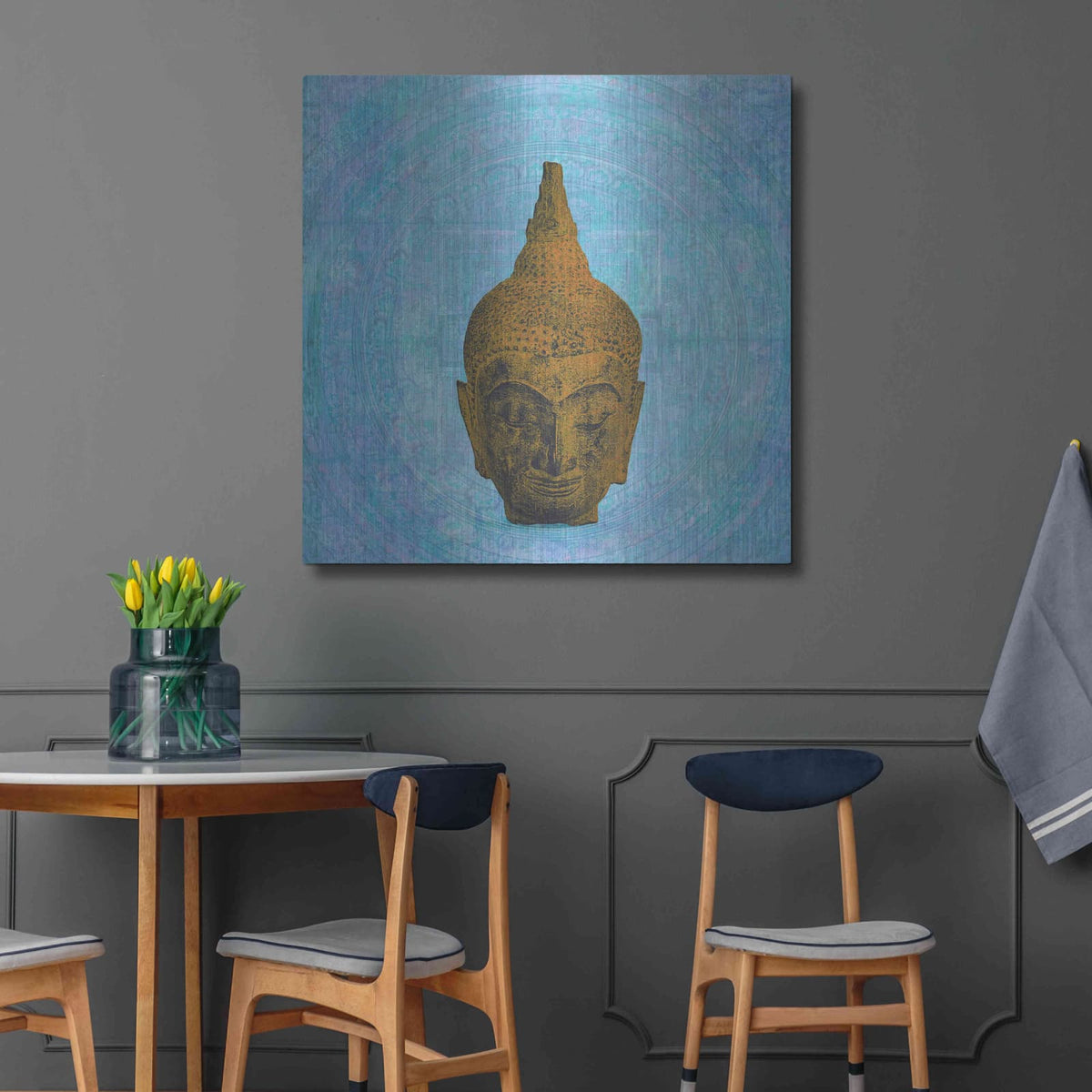 'Buddha on Blue' by Elena Ray – Metal Wall Art, 36x36 room view