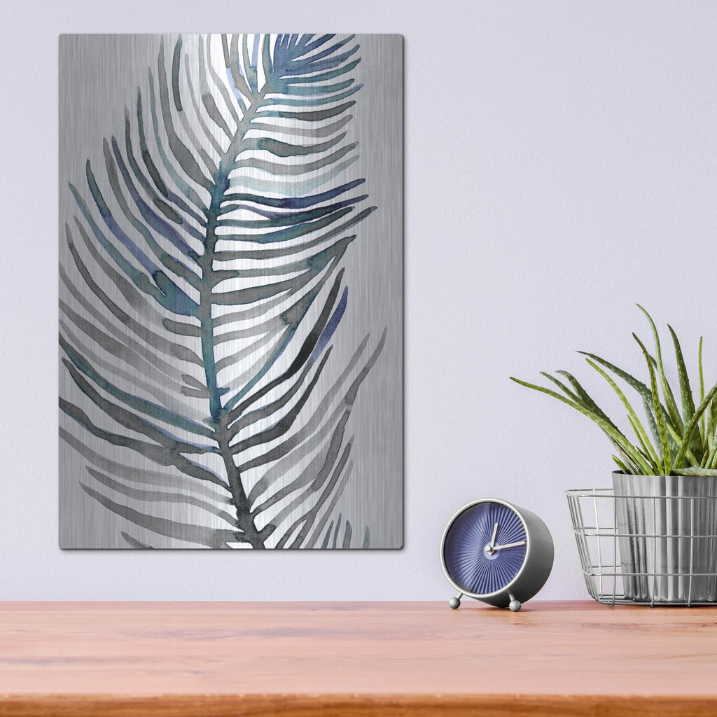 'Blue Feathered Palm 3' by Emma Scarvey – Metal Wall Art, 12x16 room view