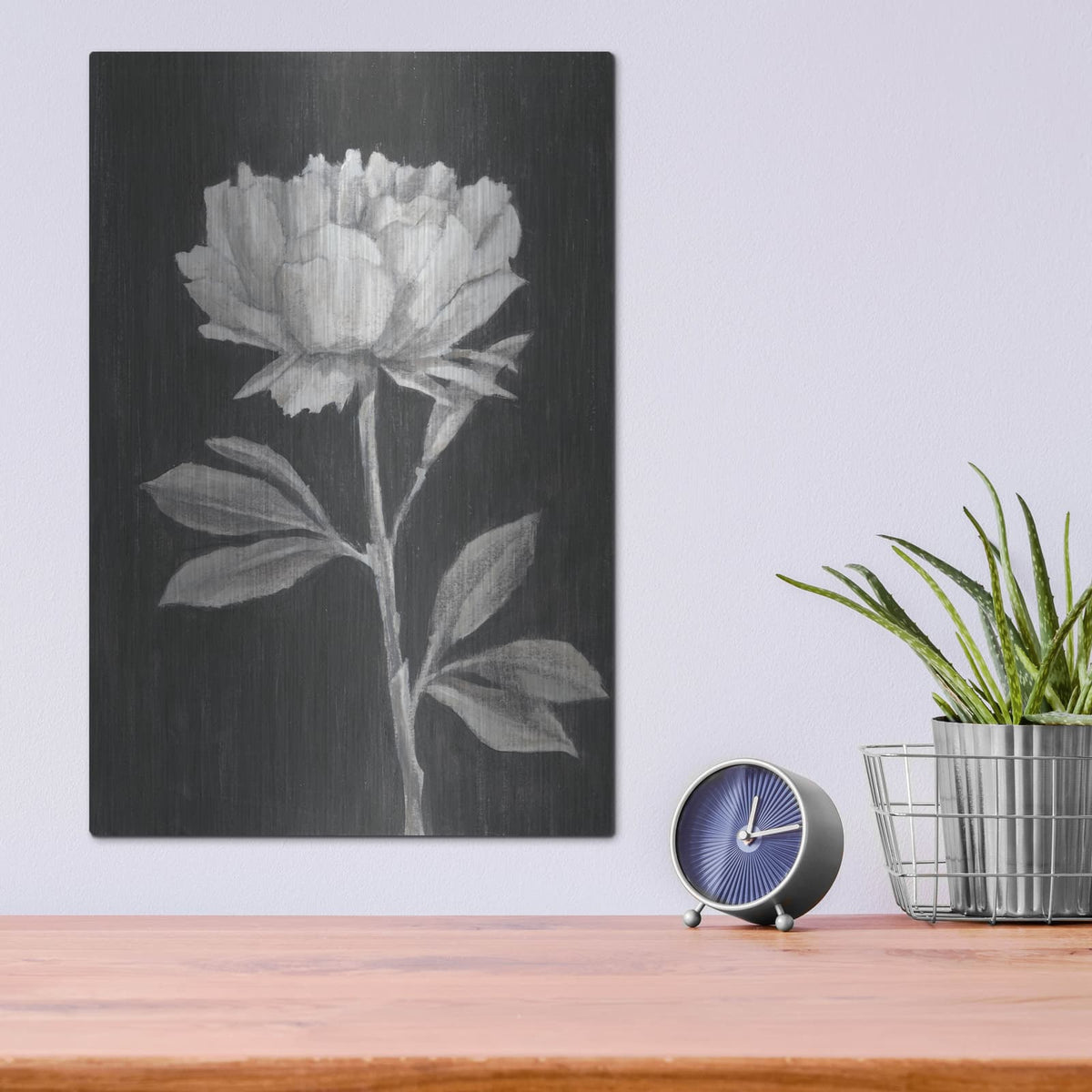 'Black And White Flowers 3' by Ethan Harper – Metal Wall Art, 12x16 room view