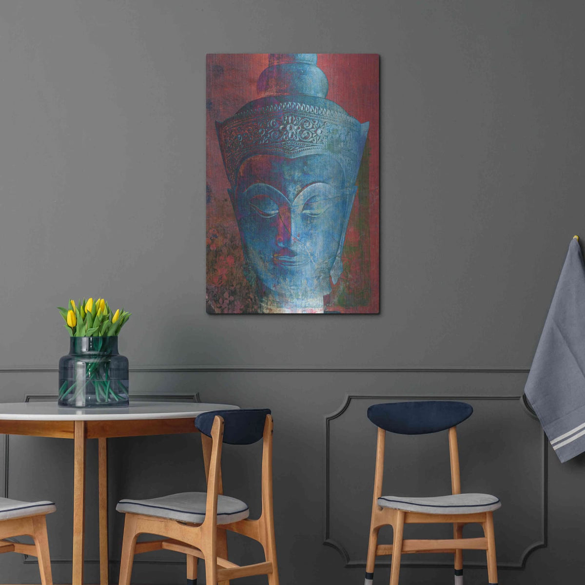 'Blue Buddha Head' by Elena Ray – Metal Wall Art, 24x36 room view