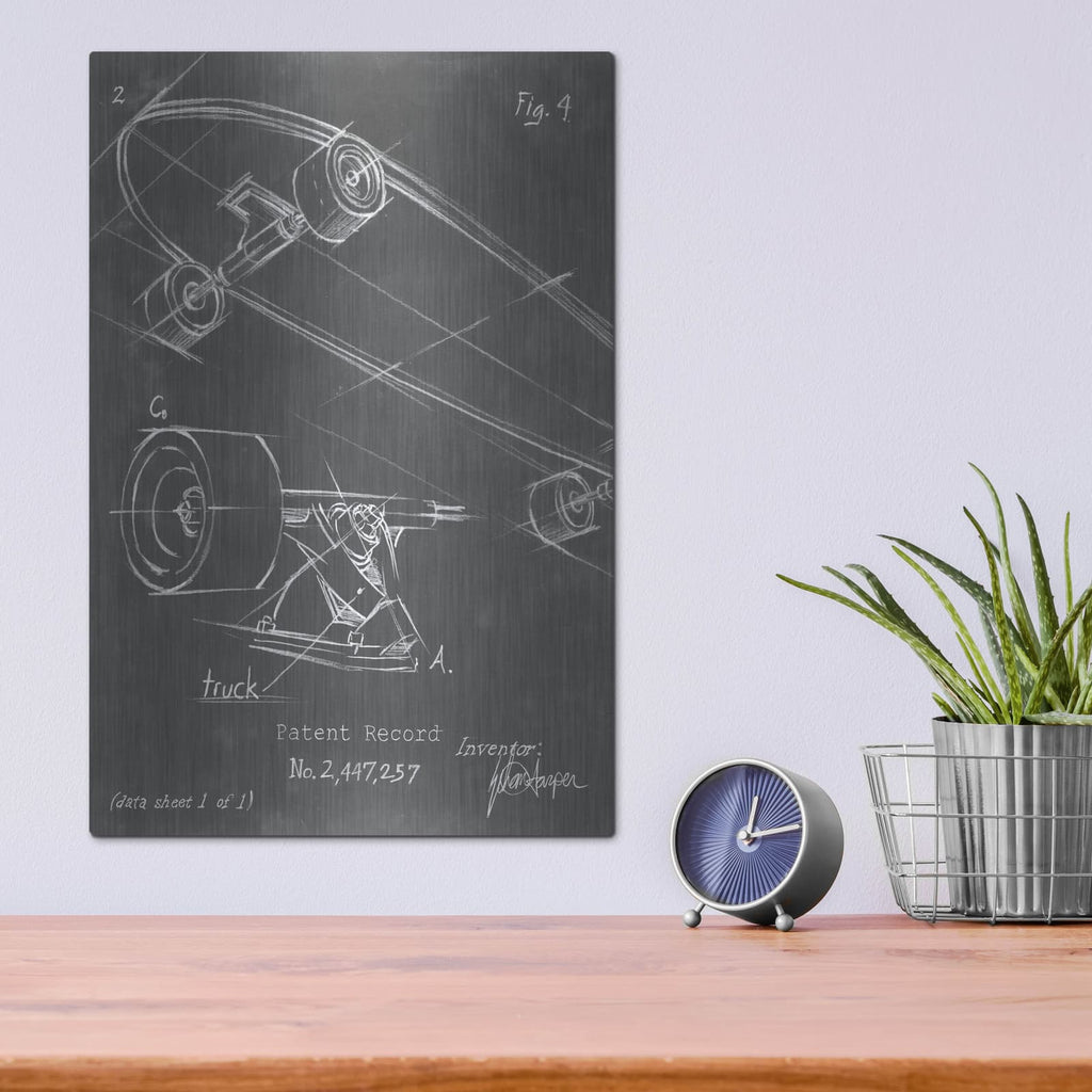 'Skateboard Blueprint 1' by Ethan Harper – Metal Wall Art, 12x16 room view