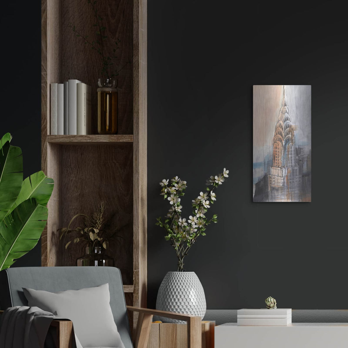 'Skyscraper Heights 1' by Ethan Harper – Metal Wall Art, 12x24 room view