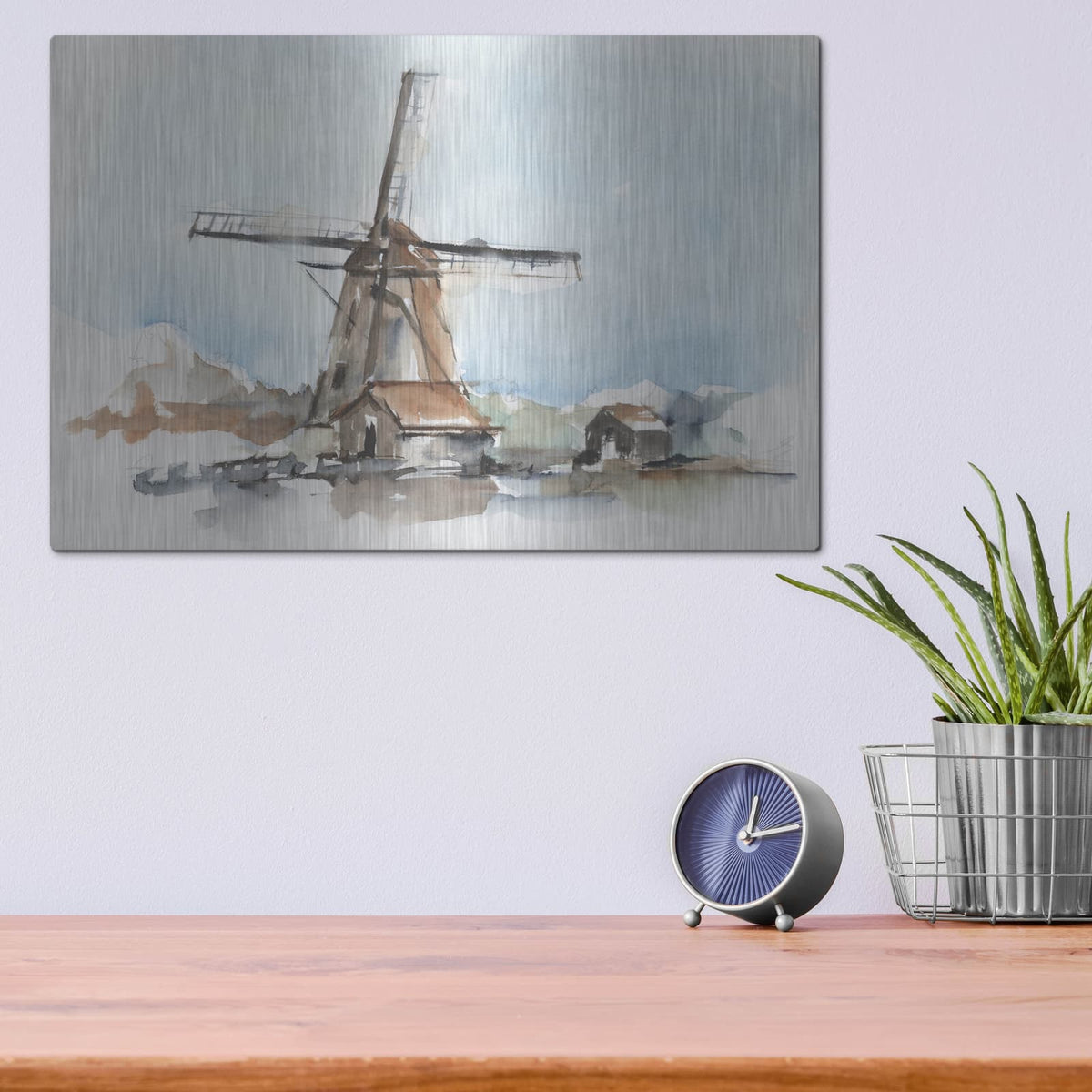 'Windmill Watercolor 2' by Ethan Harper – Metal Wall Art, 16x12 room view