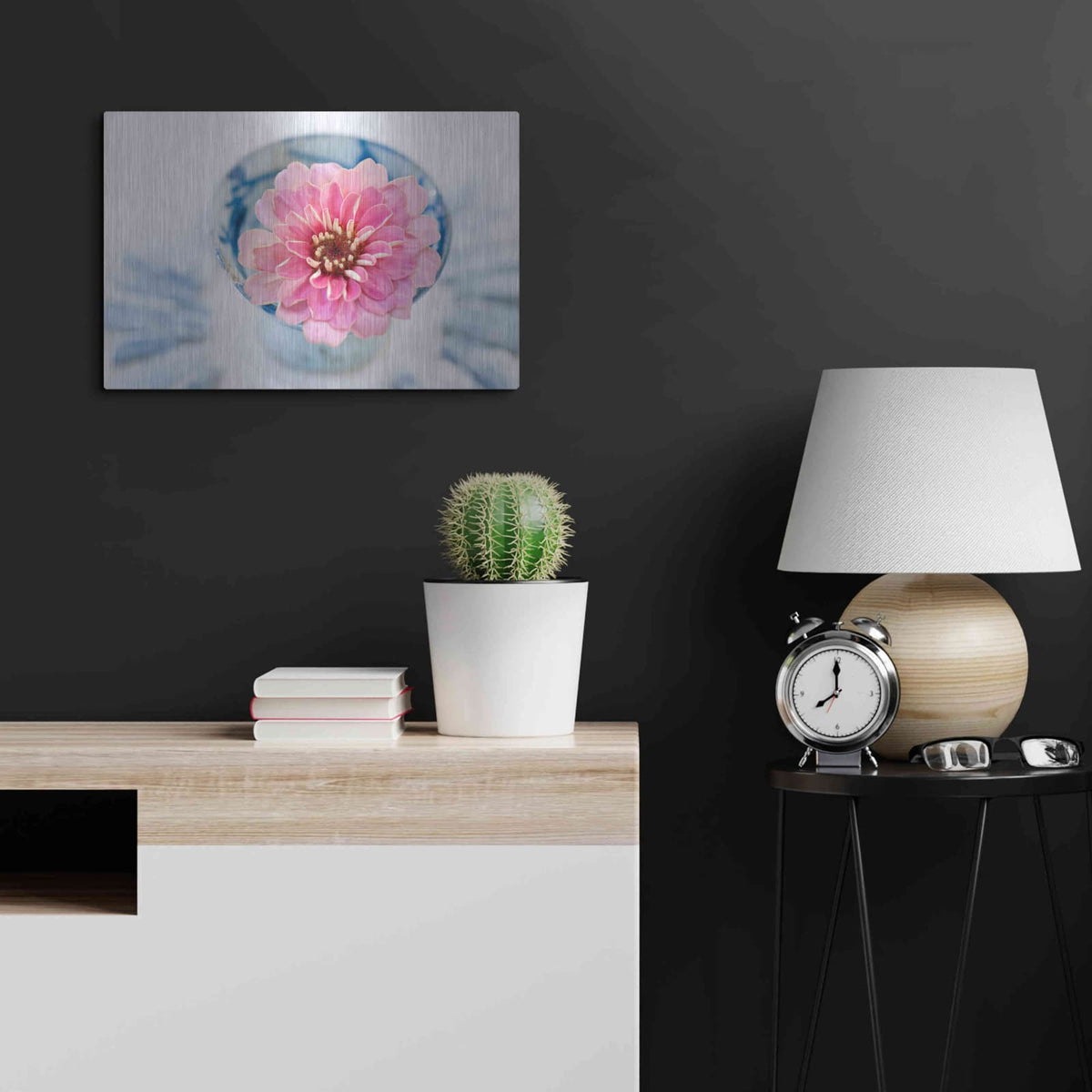'Pink Flower in a sake Cup' by Elena Ray – Metal Wall Art, 24x16 room view
