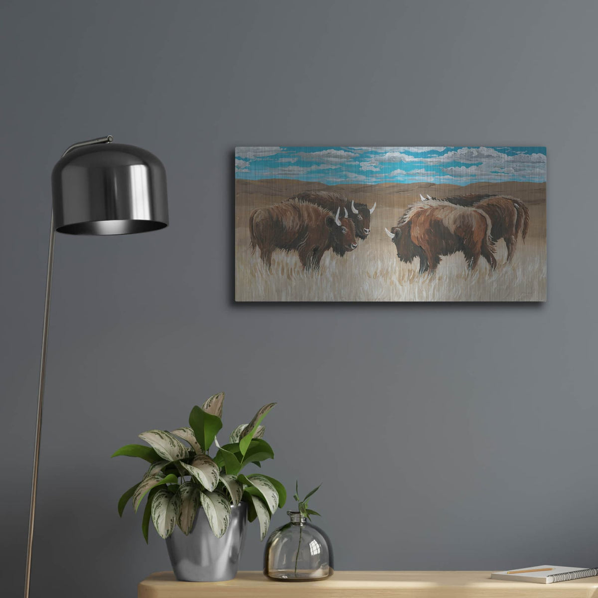 'Bison Herd 2' by Cindy Jacobs – Metal Wall Art, 24x12 room view