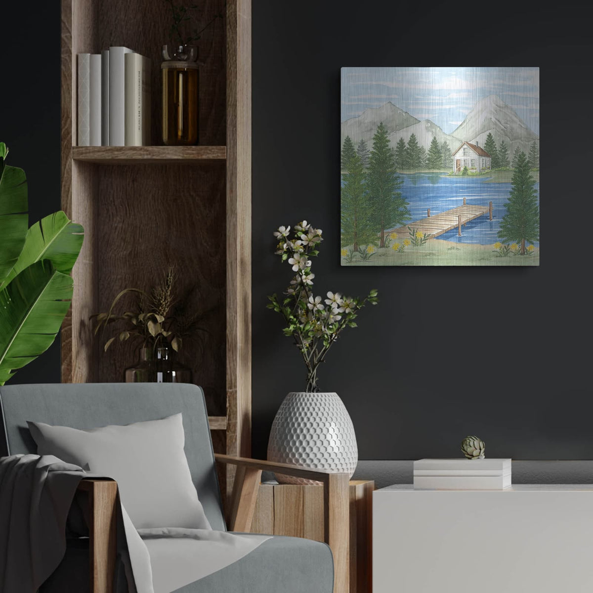 'Dock At The Lake' by Deb Strain – Metal Wall Art, 24x24 room view