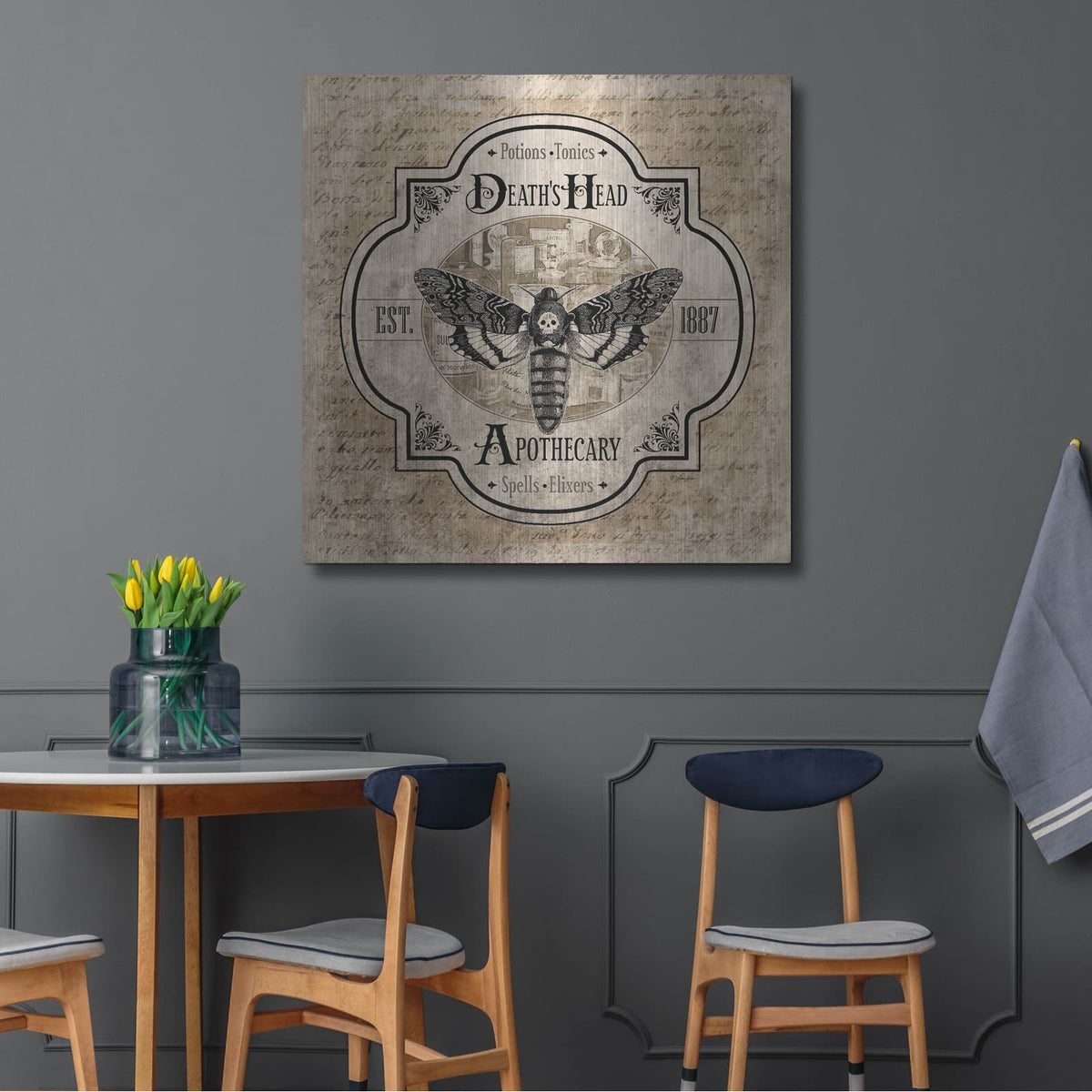 'Death's Head Apothecary' by Lauren Rader – Metal Wall Art, 36x36 room view