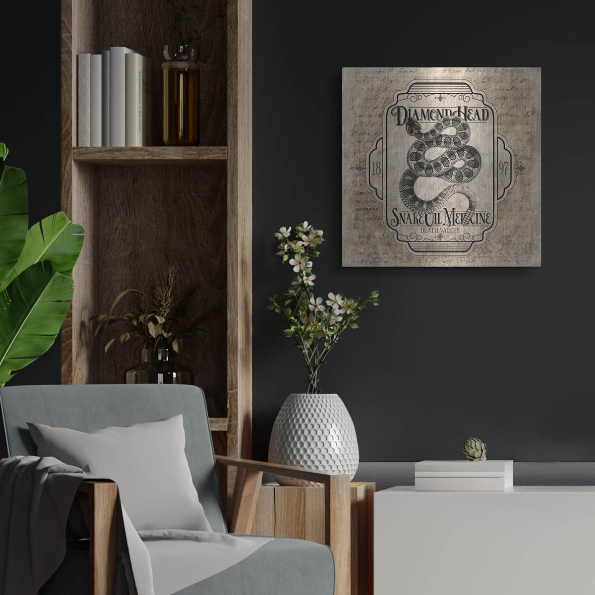 'Diamond Head Snake Oil Medicine' by Lauren Rader – Metal Wall Art, 24x24 room view