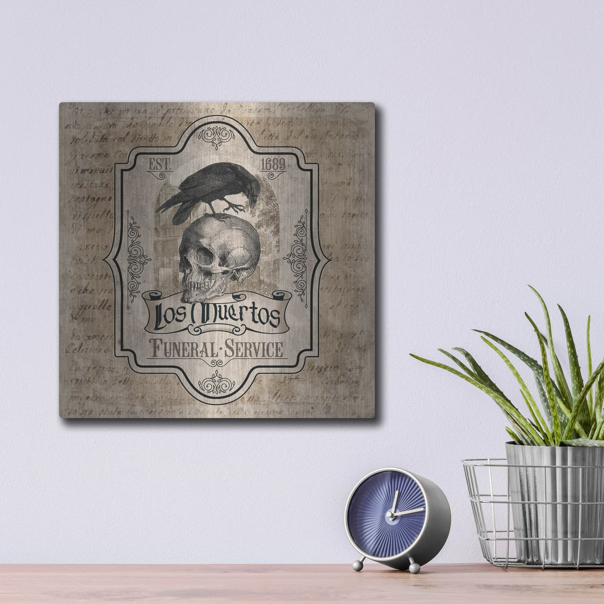 'Los Muertos Funeral Service' by Lauren Rader – Metal Wall Art, 12x12 room view