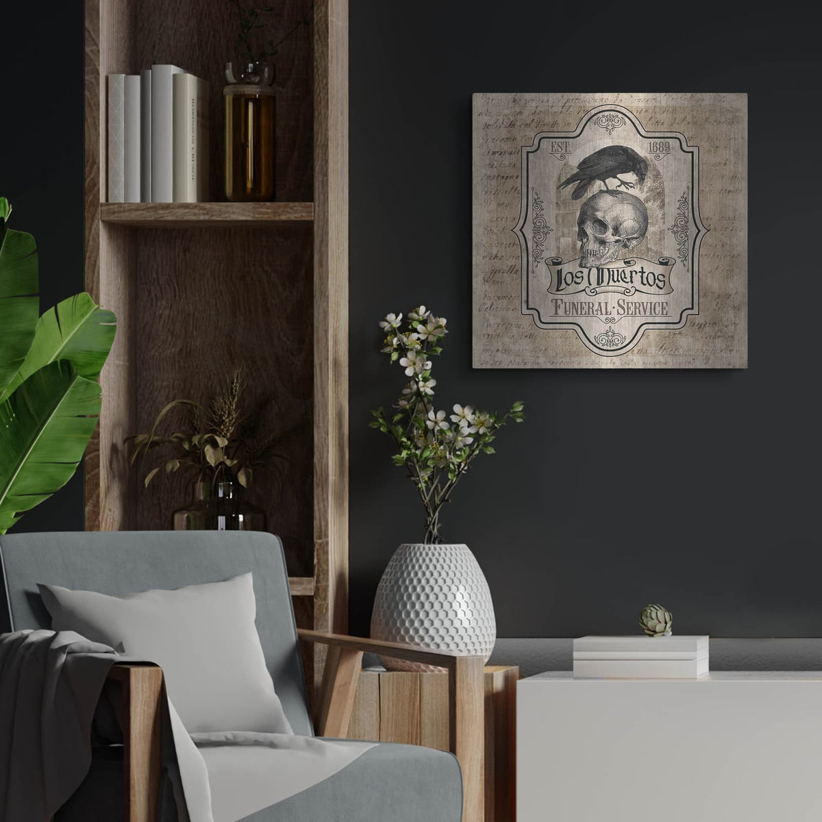 'Los Muertos Funeral Service' by Lauren Rader – Metal Wall Art, 24x24 room view