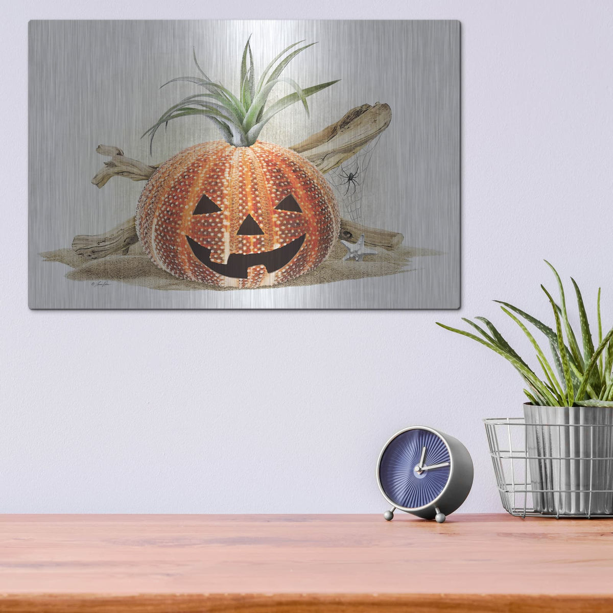 'Coastal Pumpkin Still Life' by Lauren Rader – Metal Wall Art, 16x12 room view