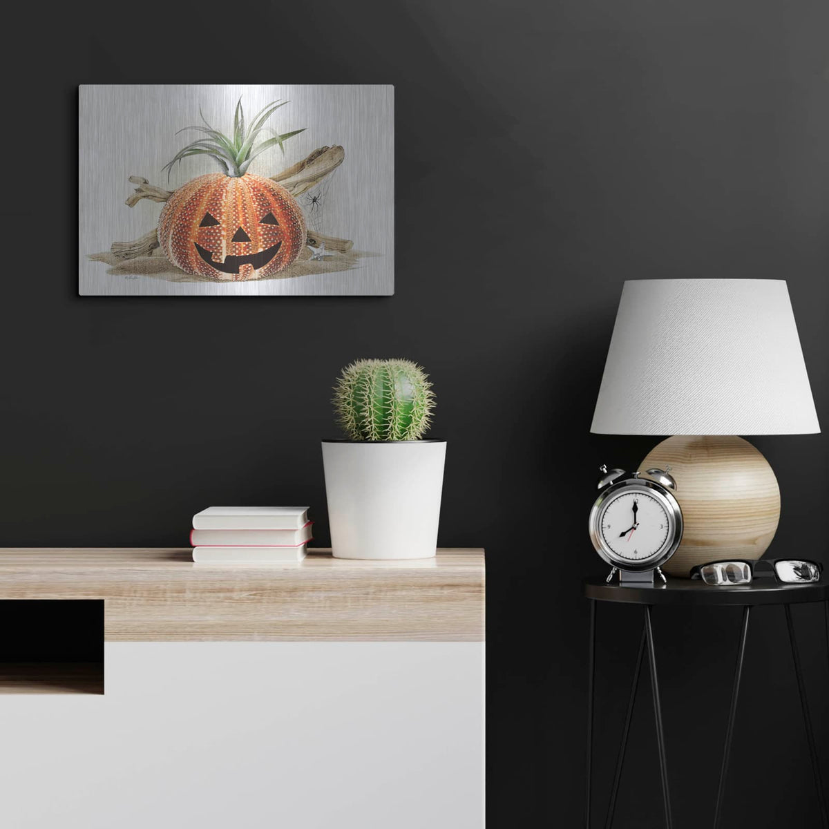 'Coastal Pumpkin Still Life' by Lauren Rader – Metal Wall Art, 24x16 room view