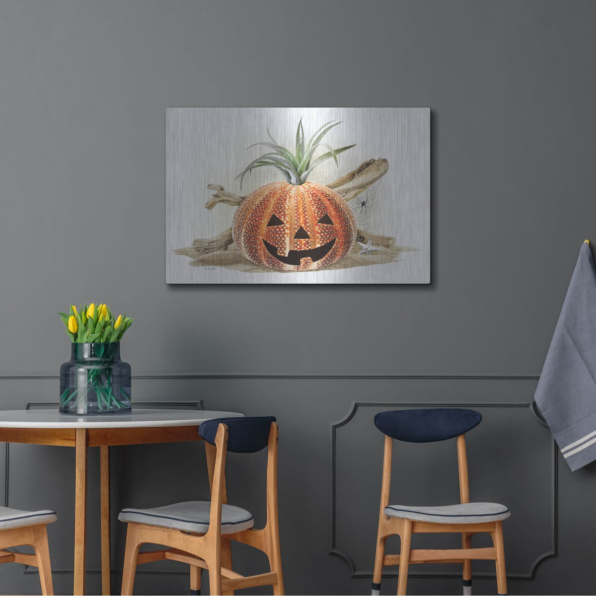 'Coastal Pumpkin Still Life' by Lauren Rader – Metal Wall Art, 36x24 room view