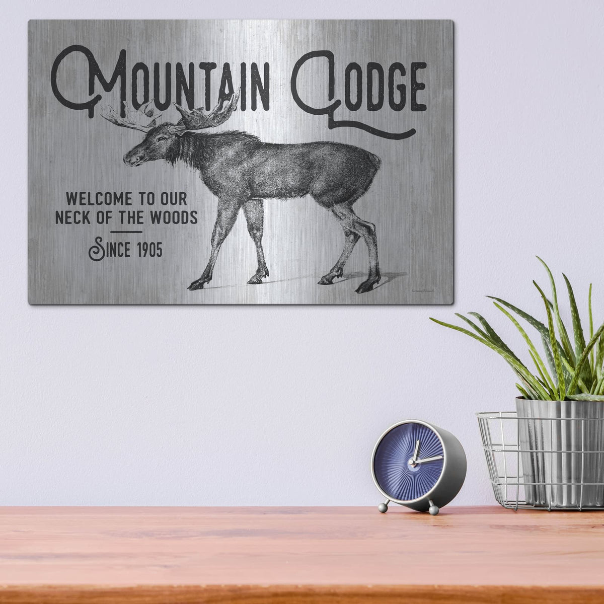'Mountain Lodge' by Lettered & Lined – Metal Wall Art, 16x12 room view