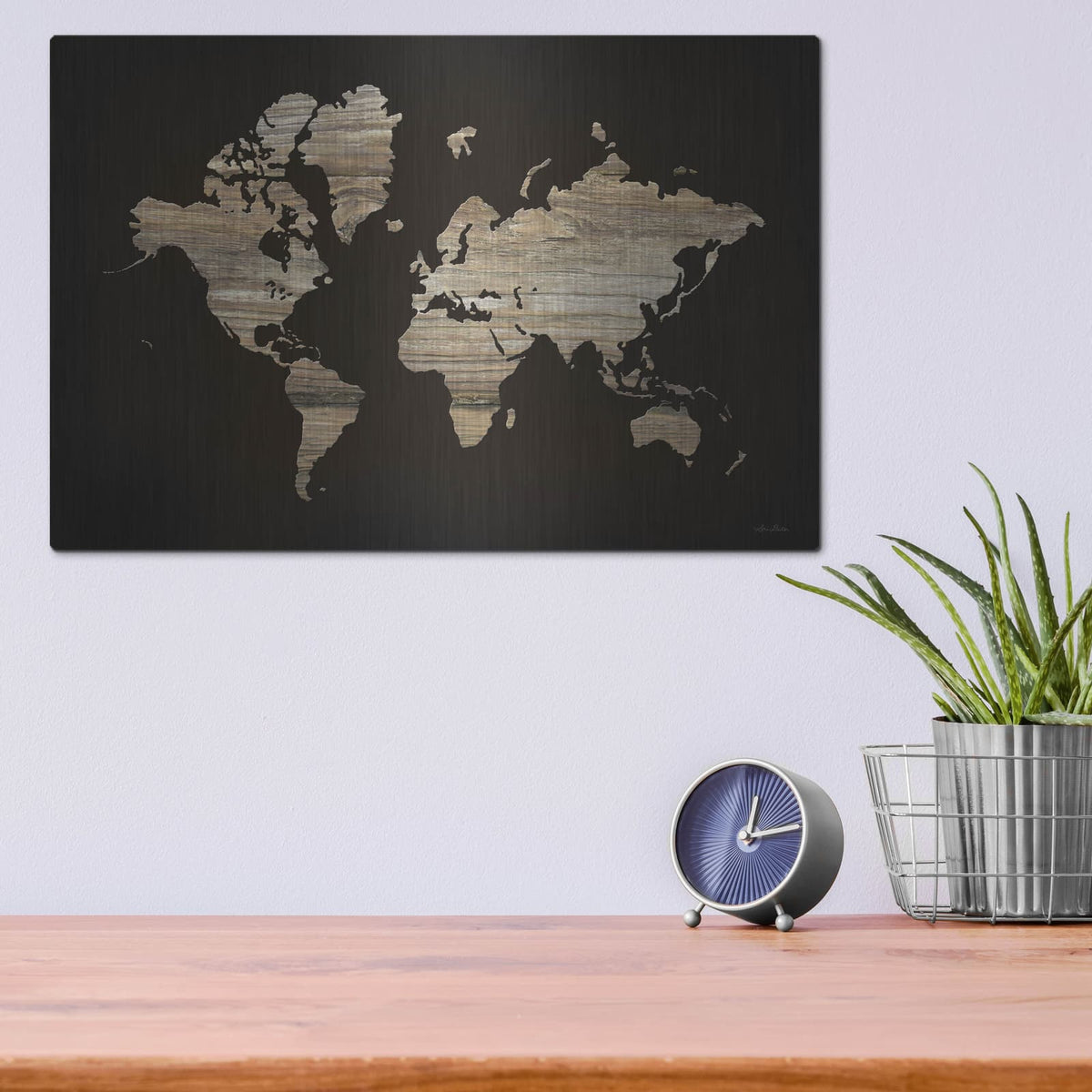 'Wood World Map' by Lori Deiter – Metal Wall Art, 16x12 room view