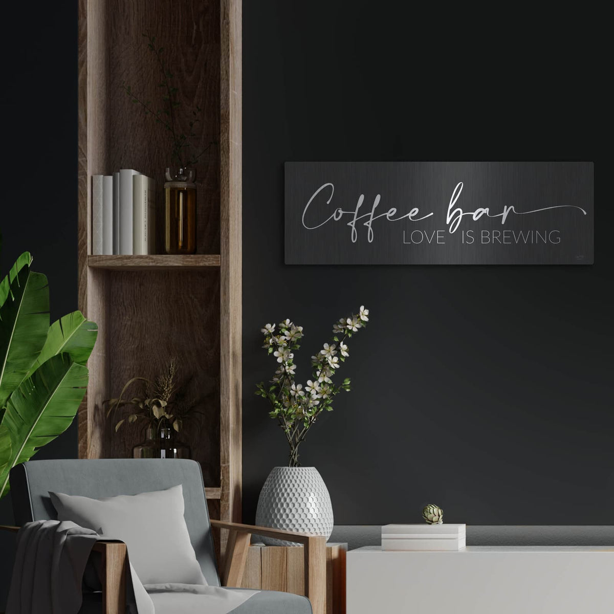 'Coffee Bar - Love Is Brewing' by Lux + Me – Metal Wall Art, 36x12 room view