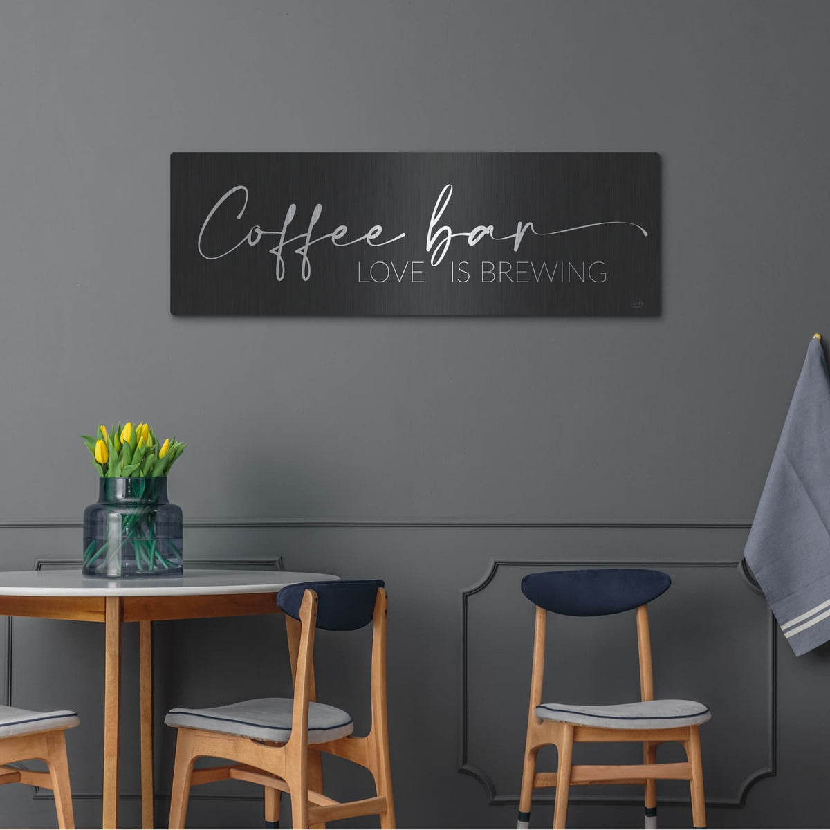 'Coffee Bar - Love Is Brewing' by Lux + Me – Metal Wall Art, 48x16 room view