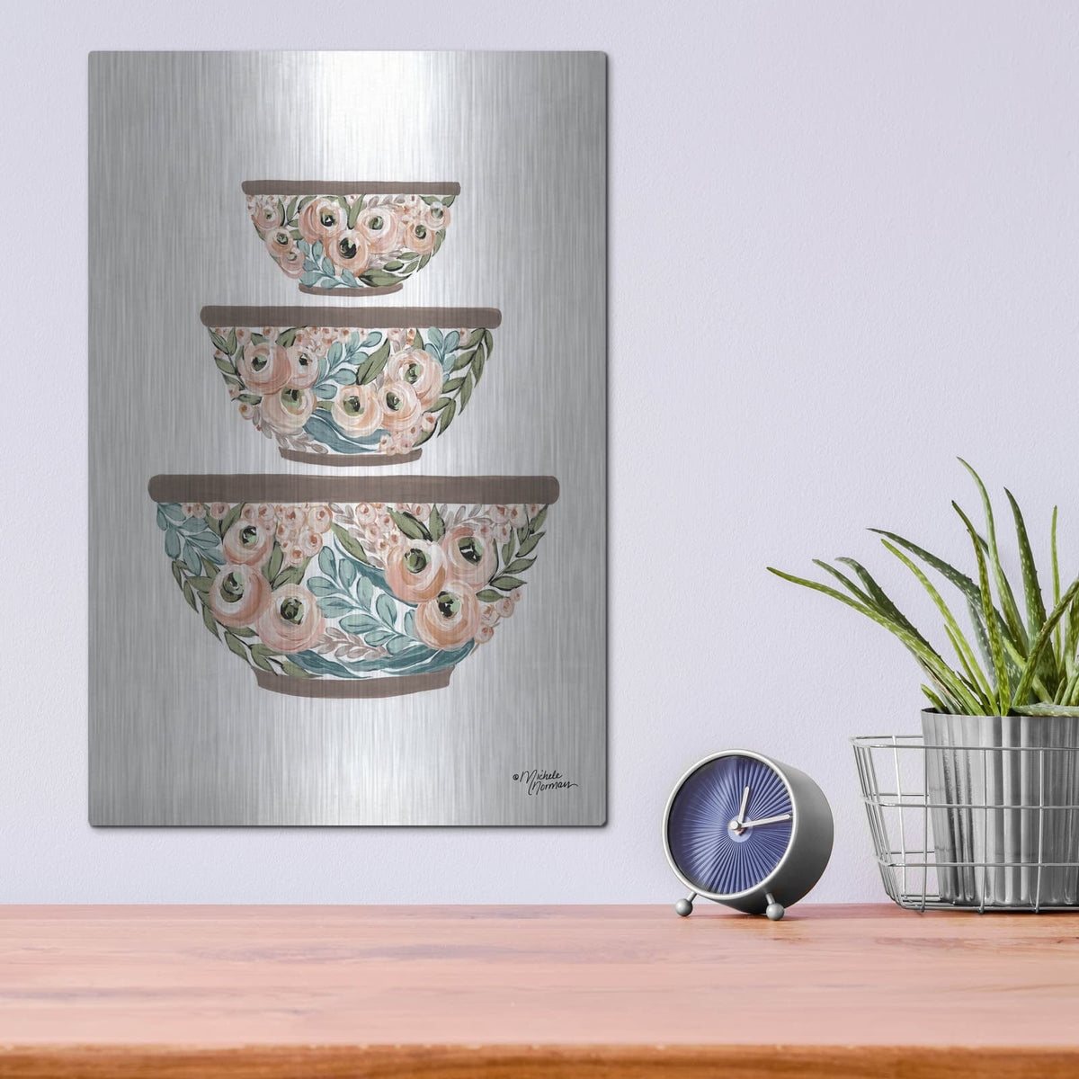 'Floral Mixing Bowls' by Michele Norman – Metal Wall Art, 12x16 room view
