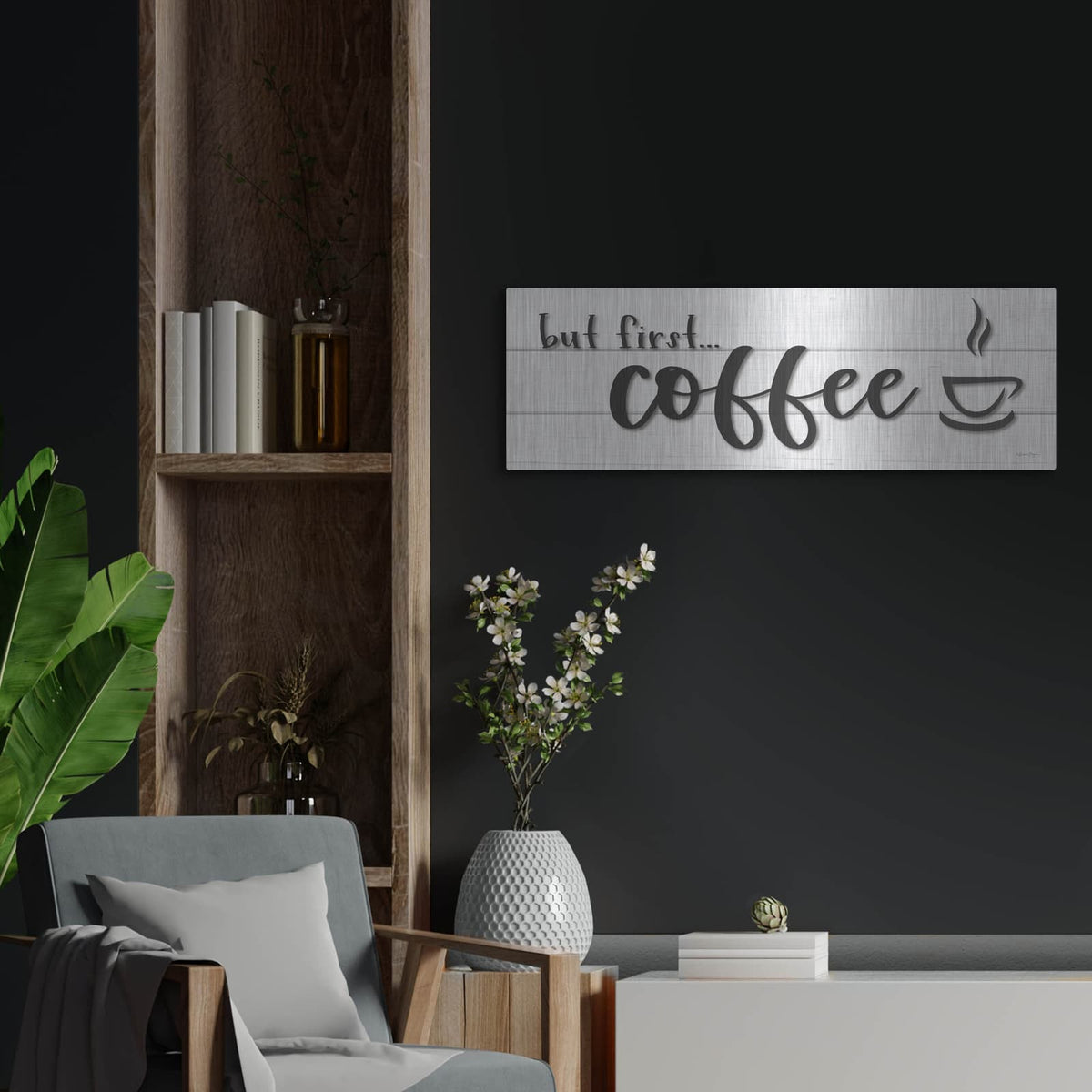 'But Firstcoffee' by Susie Boyer – Metal Wall Art, 36x12 room view