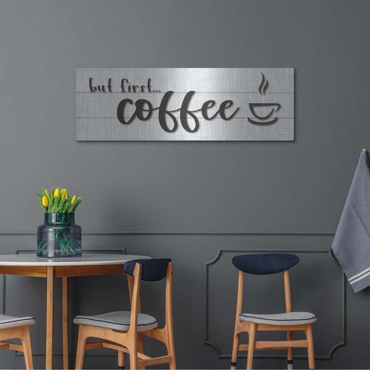 'But Firstcoffee' by Susie Boyer – Metal Wall Art, 48x16 room view