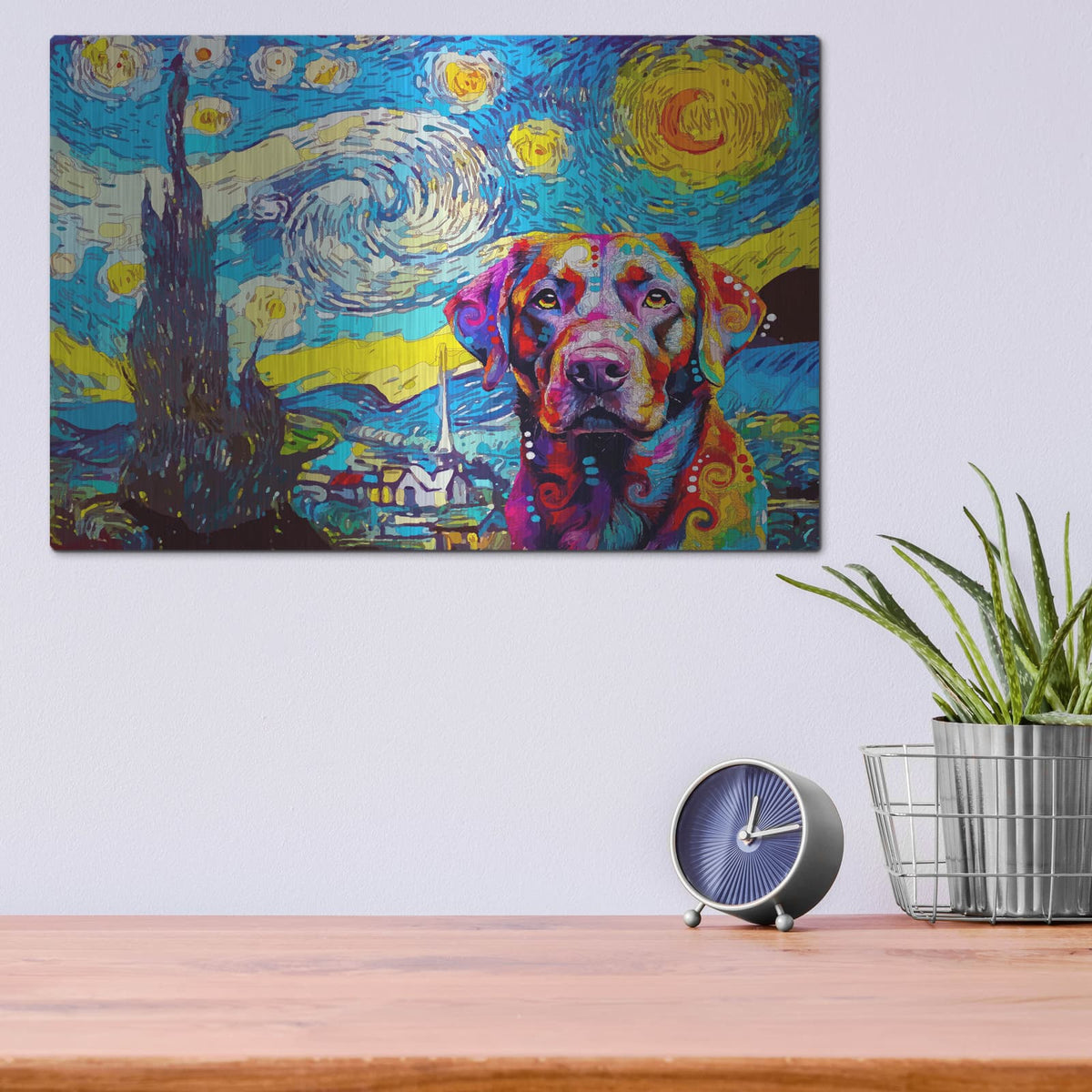 'The Starry Labrador' by Dean Russo – Metal Wall Art, 16x12 room view