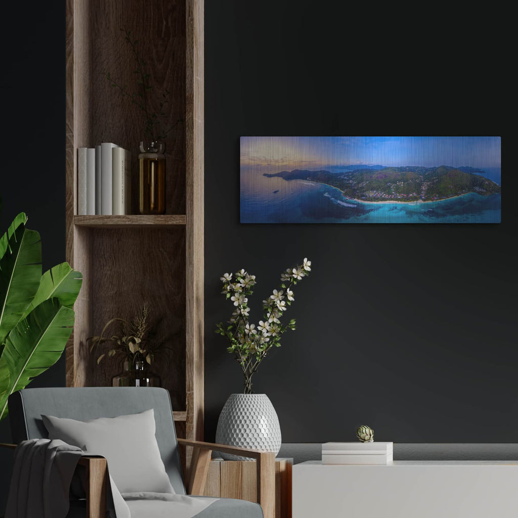 'Seychelles Mahe Island Paradise Panorama' by Luxe Metal Portfolio – Metal Wall Art, 36x12 room view