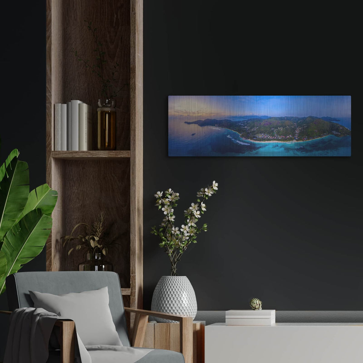 'Seychelles Mahe Island Paradise Panorama' by Luxe Metal Portfolio – Metal Wall Art, 36x12 room view