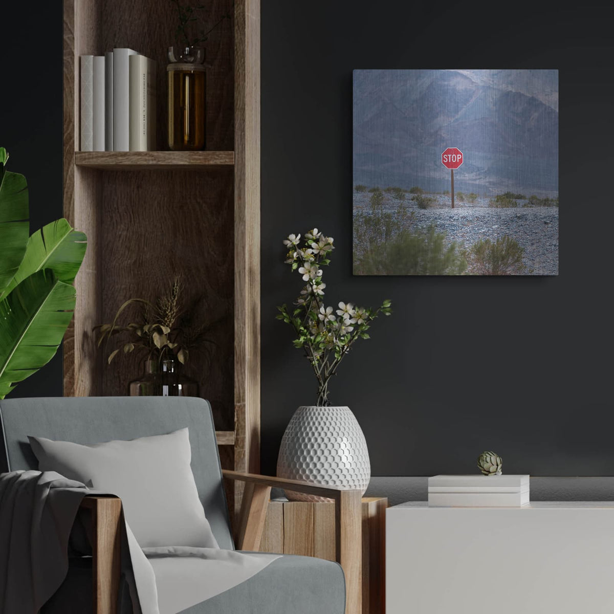 'Stop Sign Landscape' by Luxe Metal Portfolio – Metal Wall Art, 24x24 room view