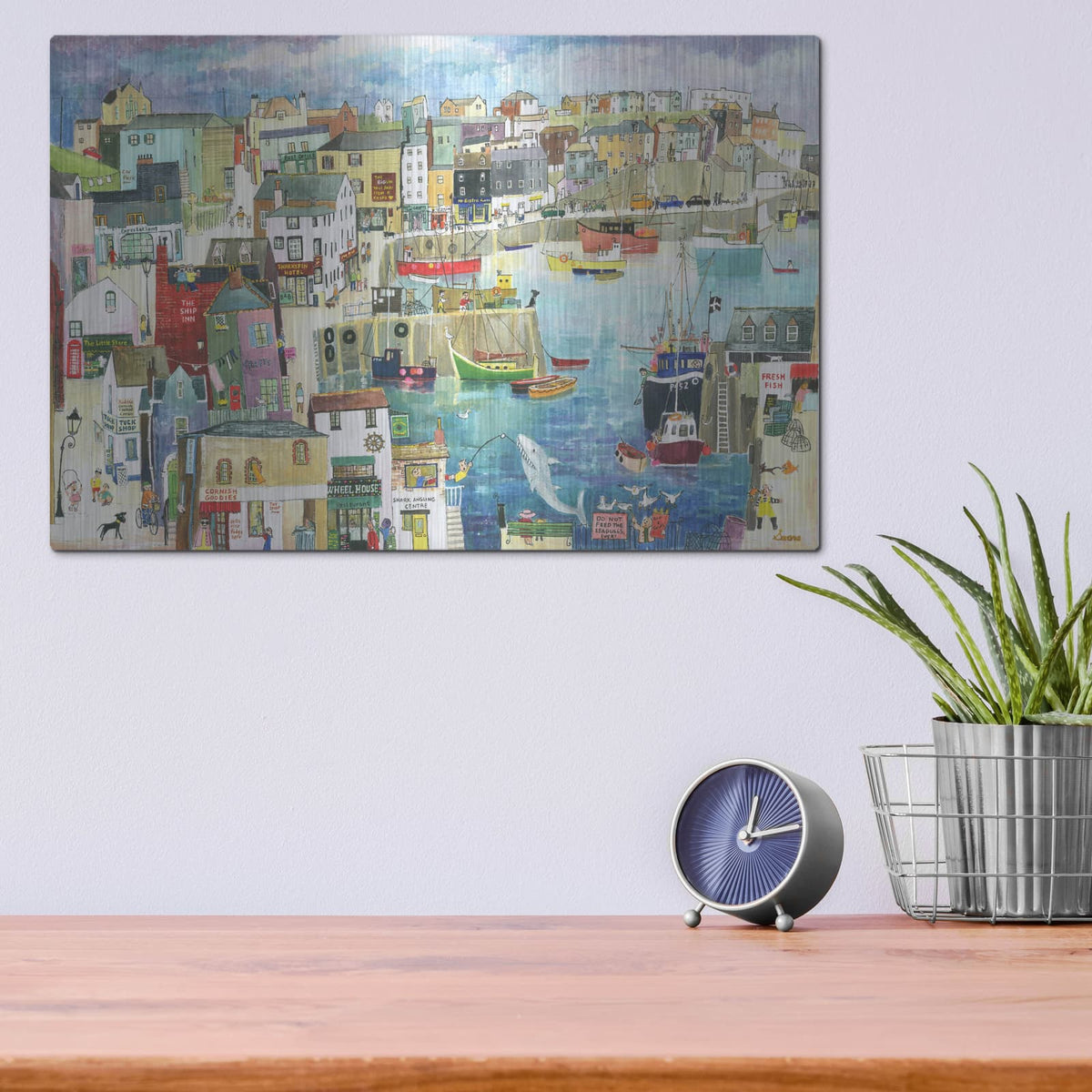 'Fishing Boats At Mevagissey' by Serena – Metal Wall Art, 16x12 room view