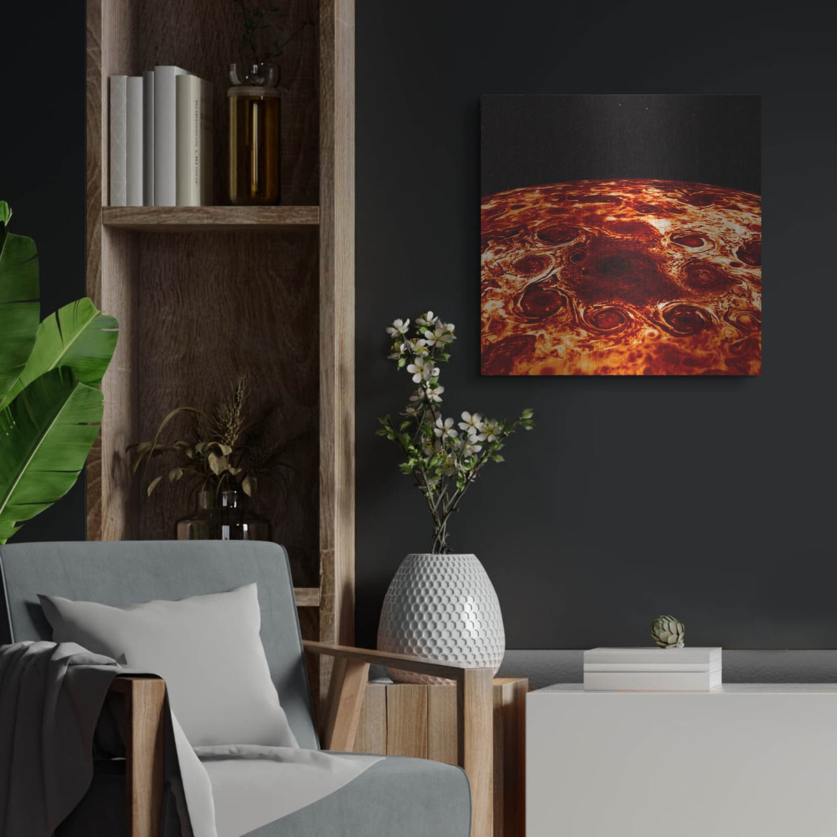 'Cyclones Encircle Jupiter's North Pole' by NASA Space Photos – Metal Wall Art, 24x24 room view
