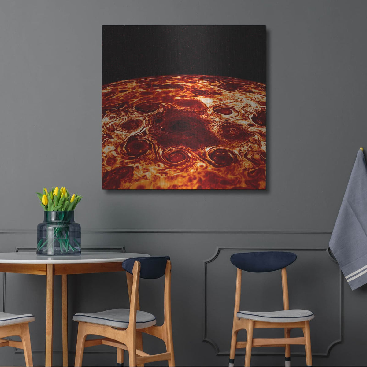'Cyclones Encircle Jupiter's North Pole' by NASA Space Photos – Metal Wall Art, 36x36 room view