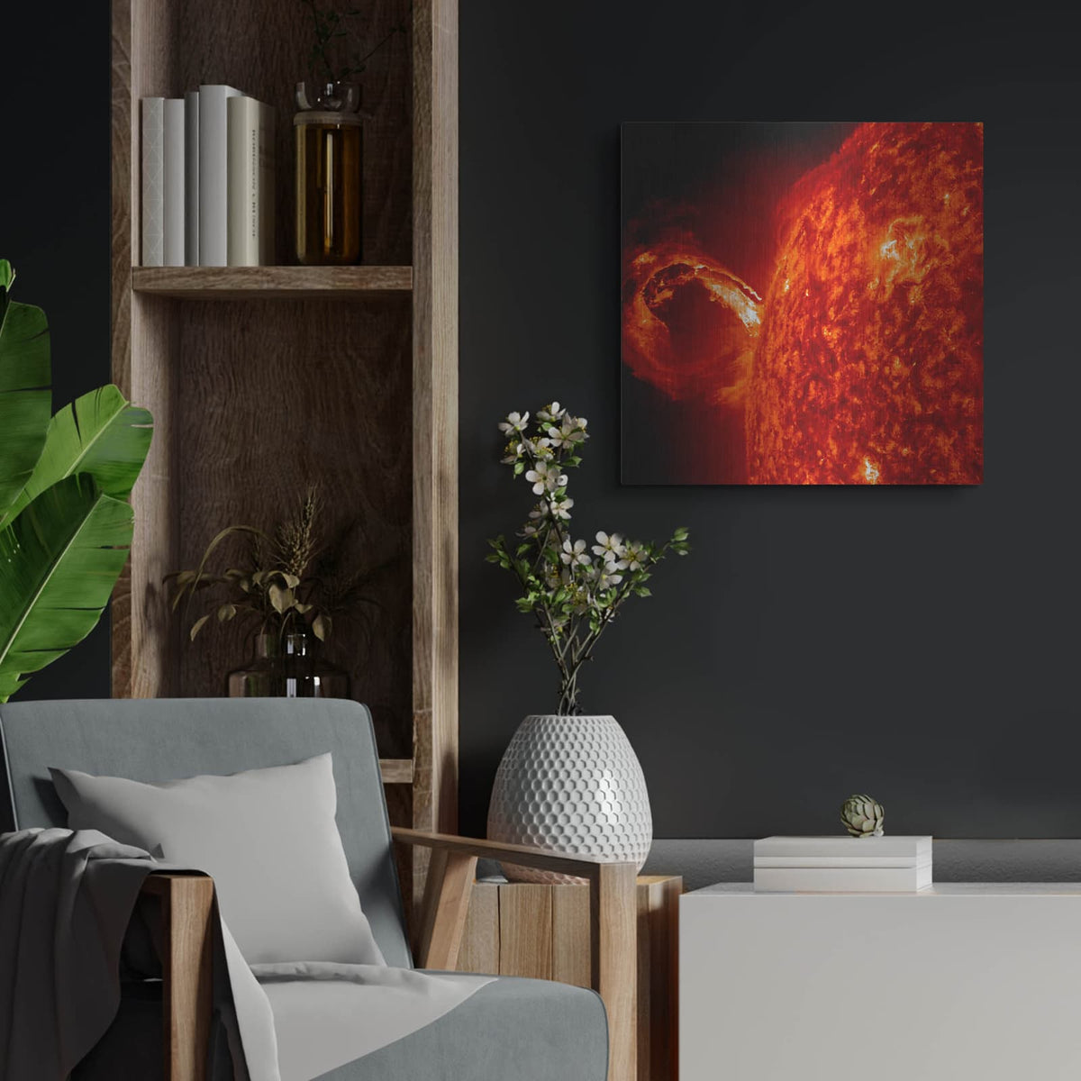 'Gigantic Rolling Wave Captured On The Sun' by NASA Space Photos – Metal Wall Art, 24x24 room view
