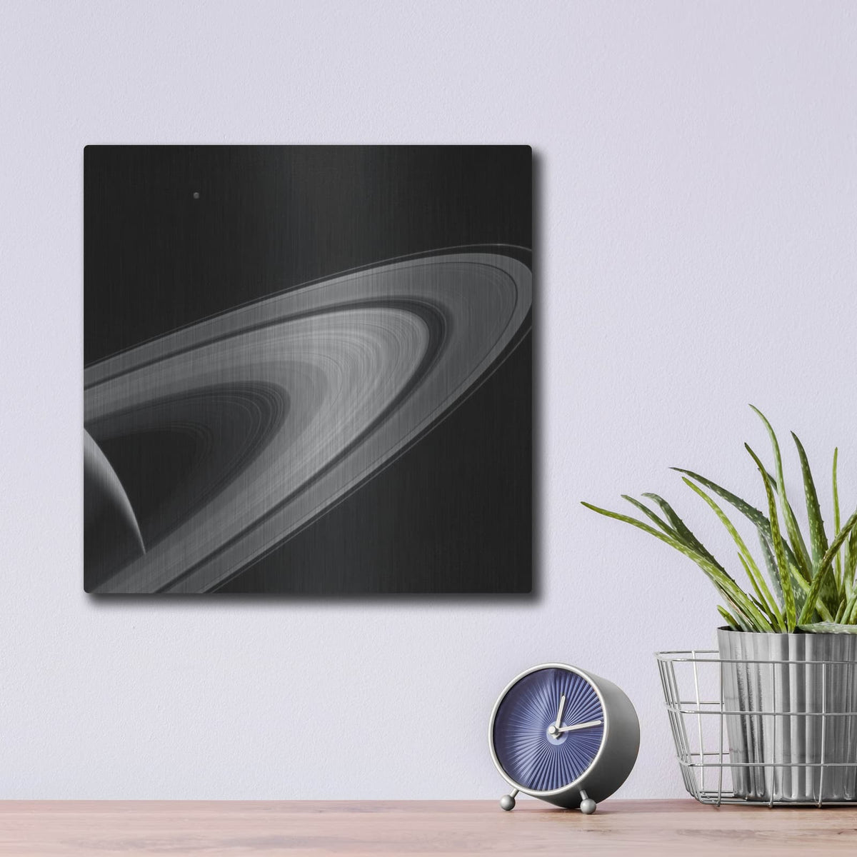 'Saturn-lit Tethys' by NASA Space Photos – Metal Wall Art, 12x12 room view