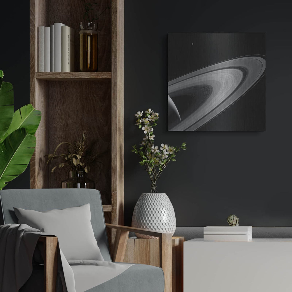 'Saturn-lit Tethys' by NASA Space Photos – Metal Wall Art, 24x24 room view