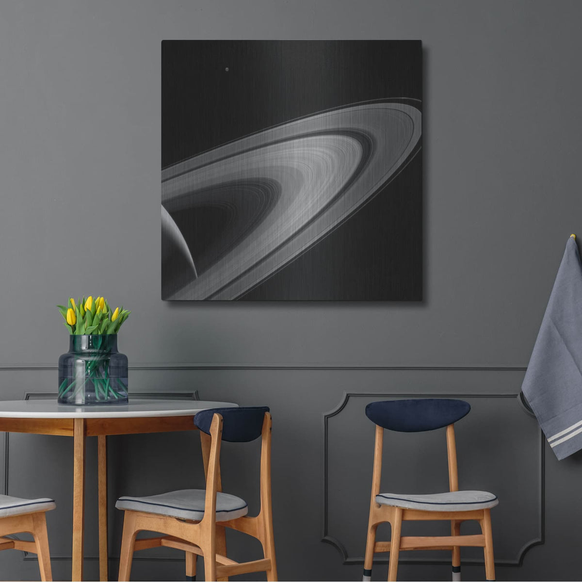 'Saturn-lit Tethys' by NASA Space Photos – Metal Wall Art, 36x36 room view