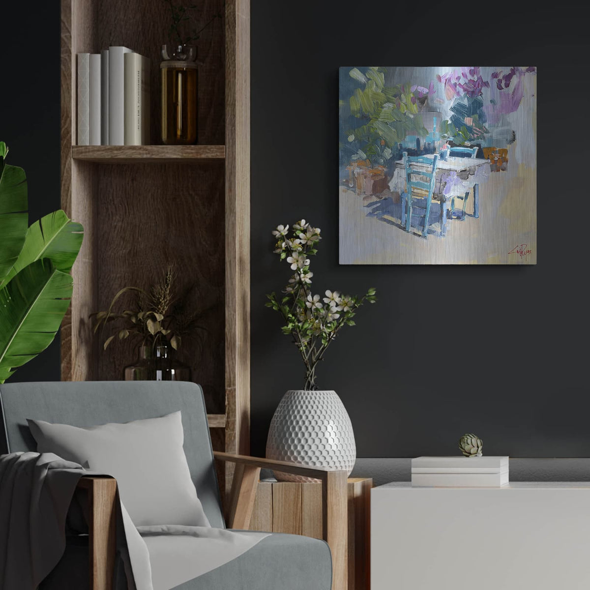 'Patmos Taverna, Greece' by Craig Trewin Penny – Metal Wall Art, 24x24 room view