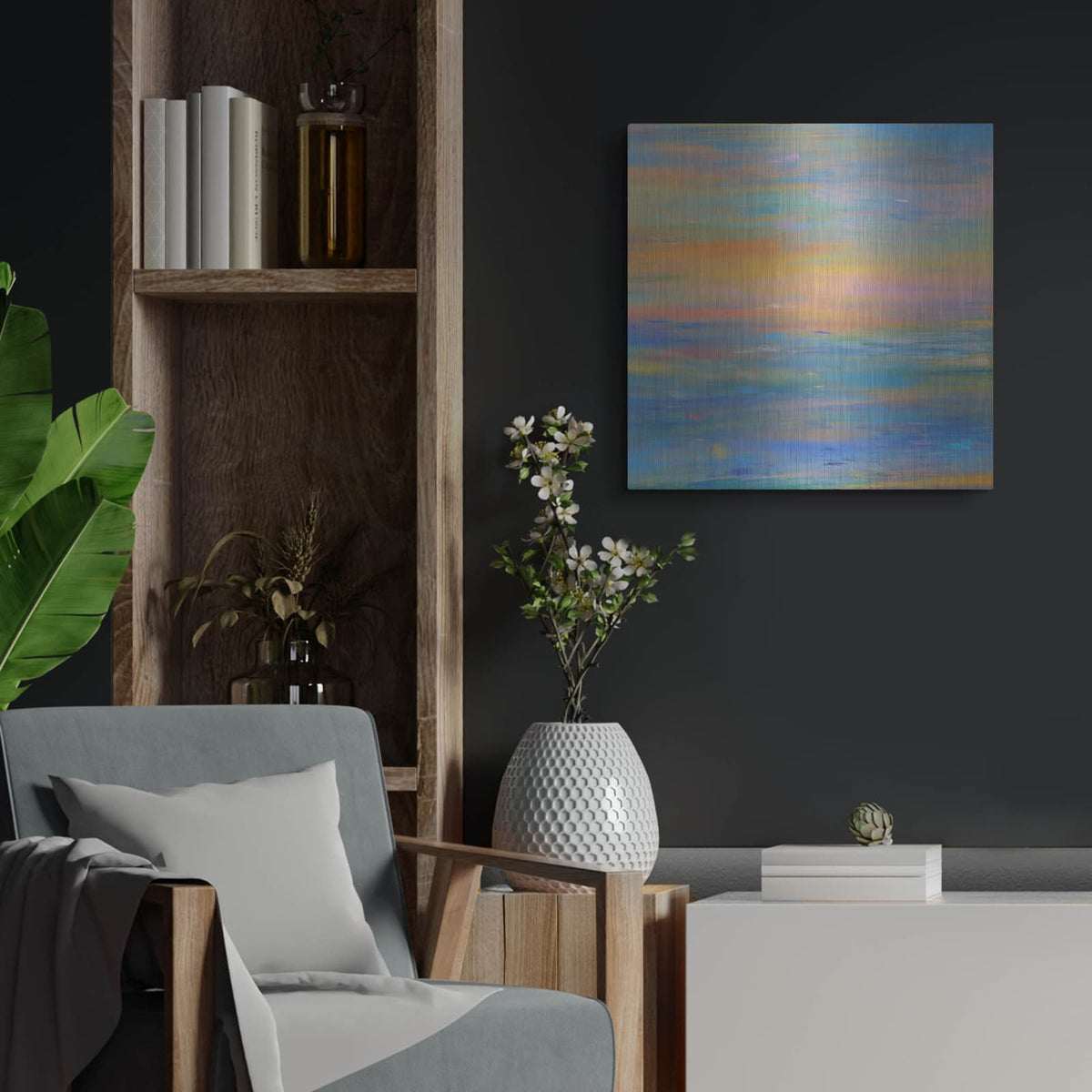 'Sunset Of Lights' by Cesare Bellassai – Metal Wall Art, 24x24 room view
