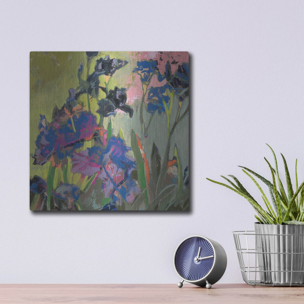 'Purple Irises' by Beth Forst – Metal Wall Art, 12x12 room view