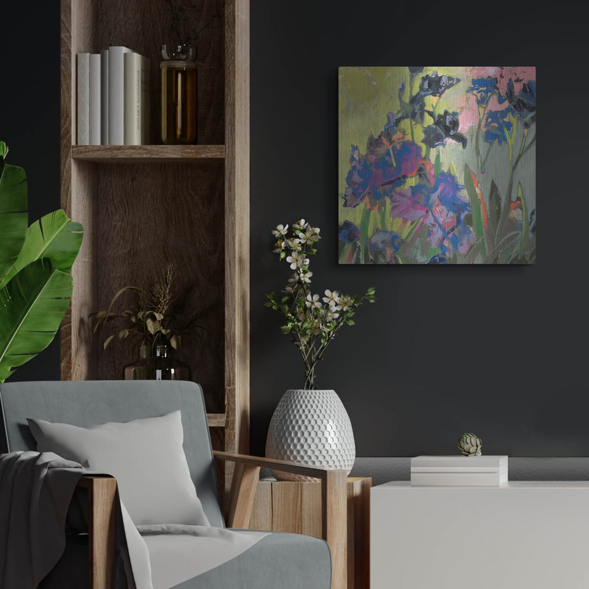 'Purple Irises' by Beth Forst – Metal Wall Art, 24x24 room view