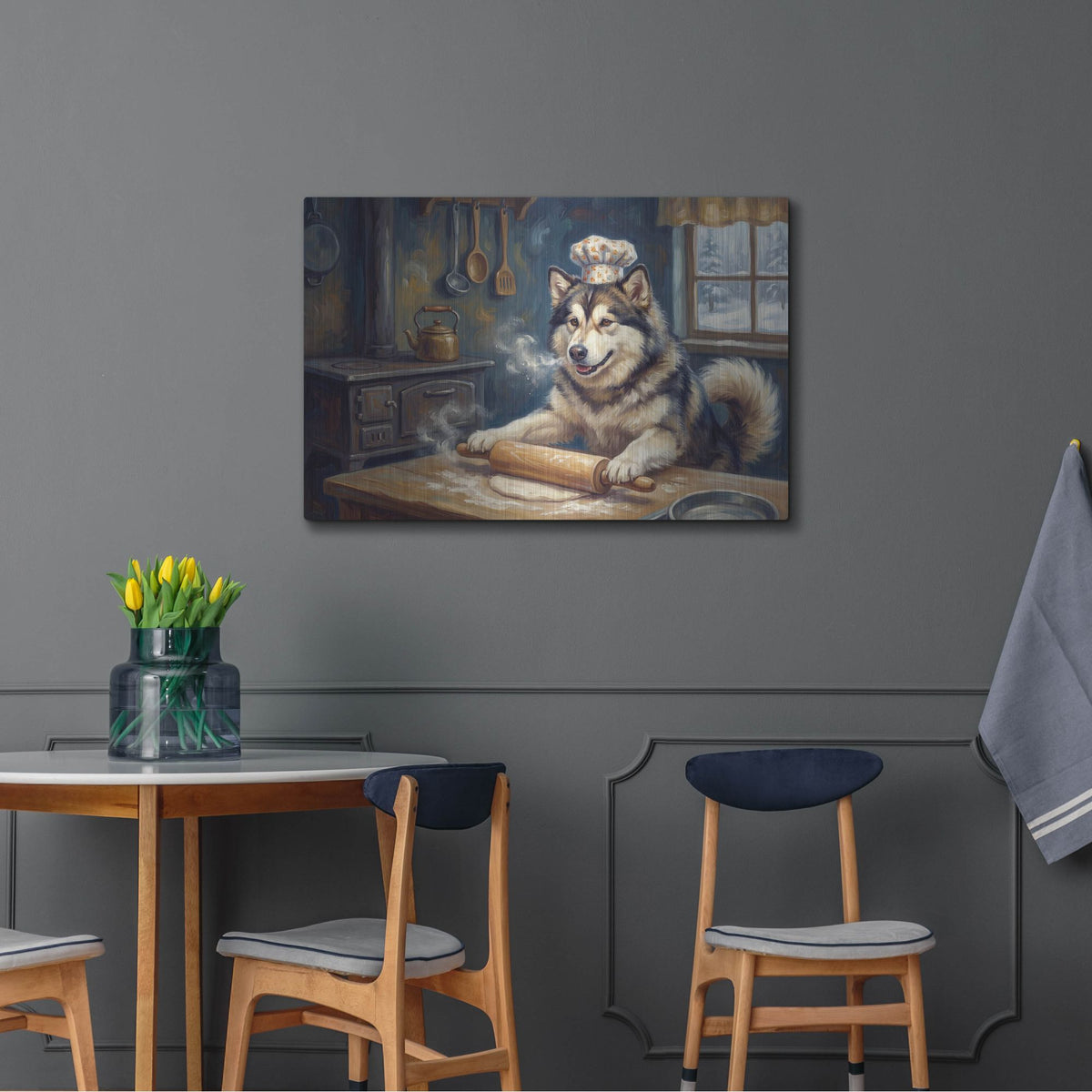 'Alaskan Malamute In The Kitchen' by Rich Monet Metal Wall Art