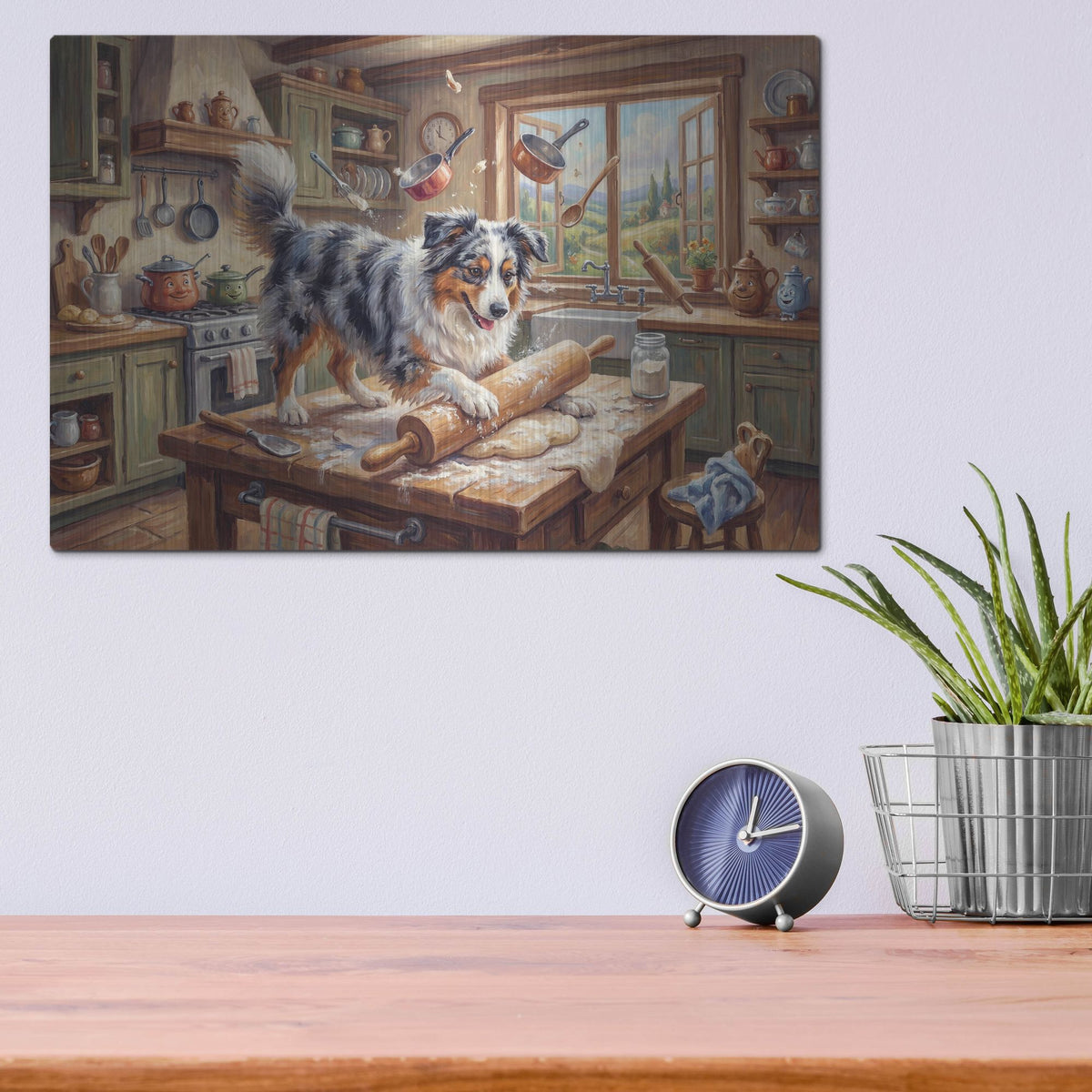 'Australian Shepherd In The Kitchen' by Rich Monet Metal Wall Art