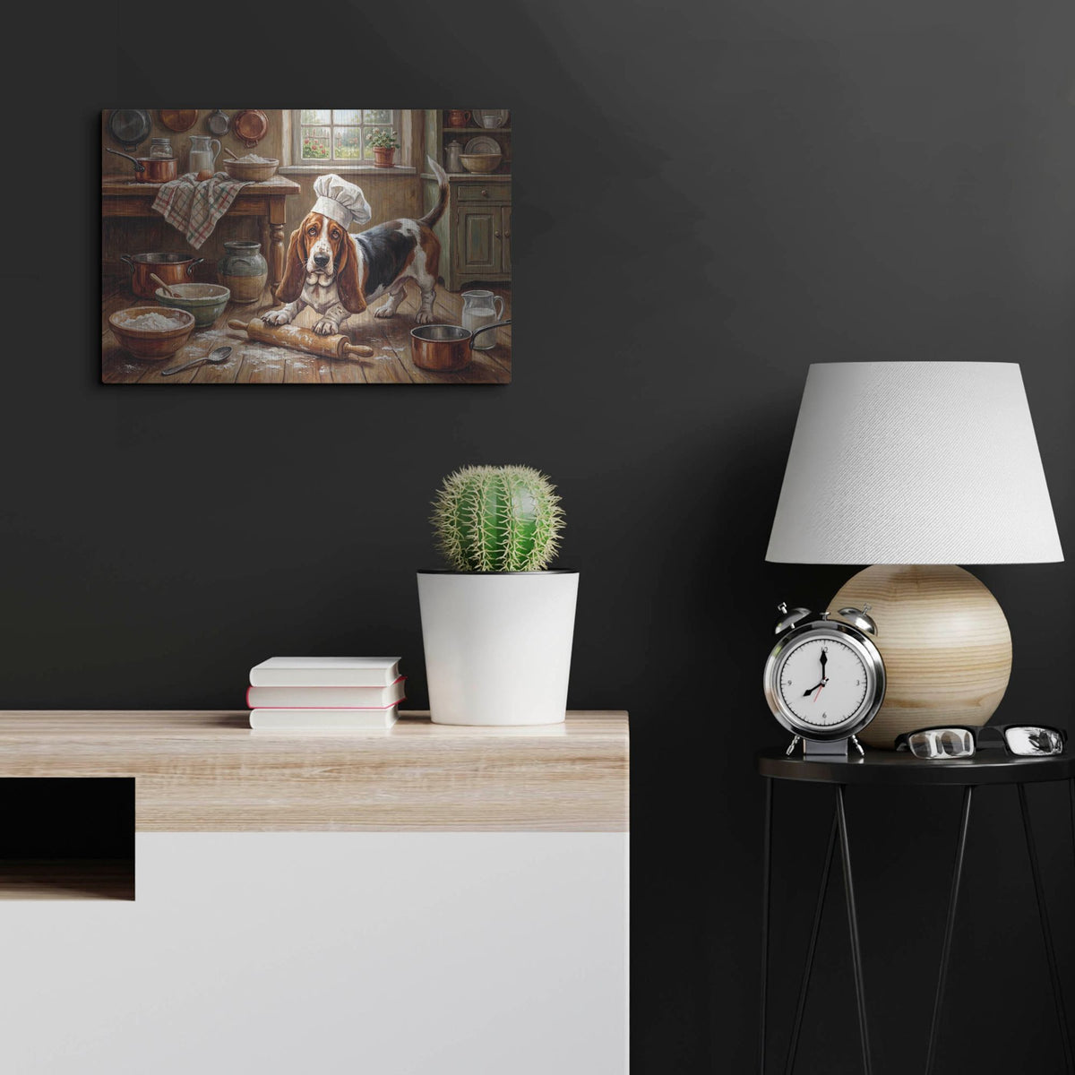 'Basset Hound In The Kitchen' by Rich Monet Metal Wall Art