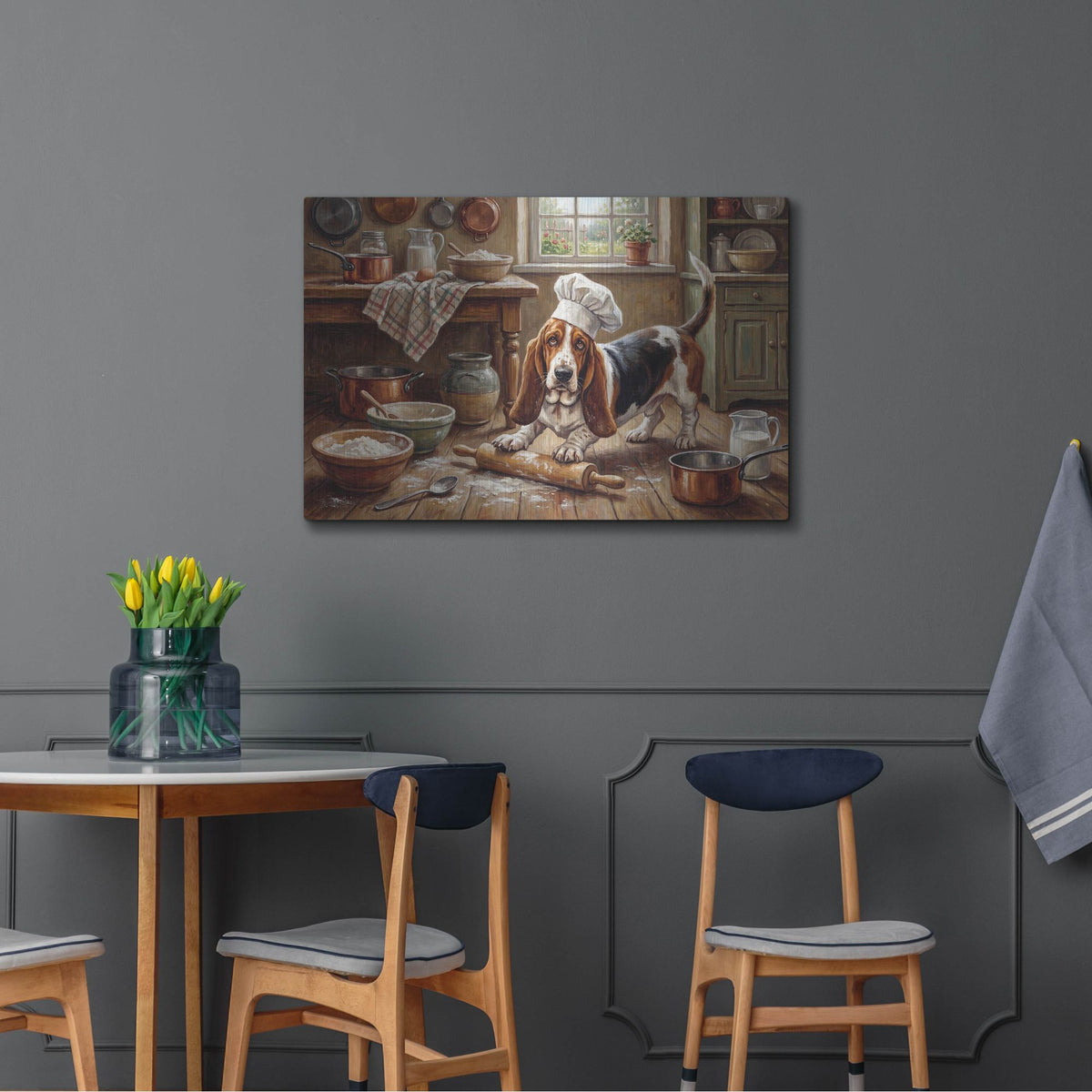 'Basset Hound In The Kitchen' by Rich Monet Metal Wall Art